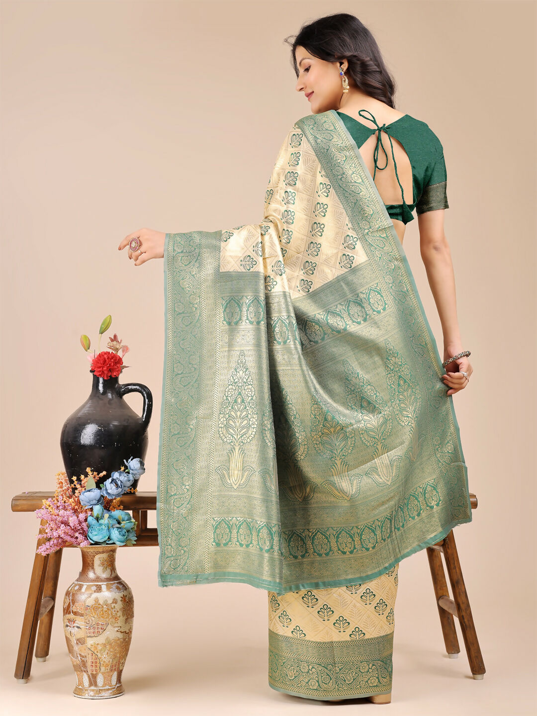 Astita Aura Silk Cream Green Banarasi Silk Saree | Swadesiicart