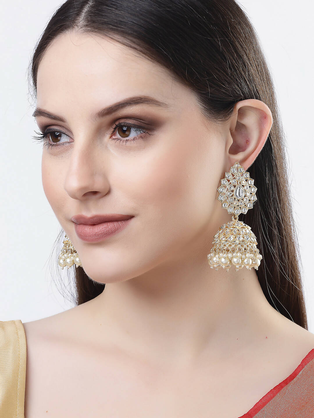 NVR Women Gold-Polished Handcrafted Kundan Jhumka Earrings | Swadesiicart