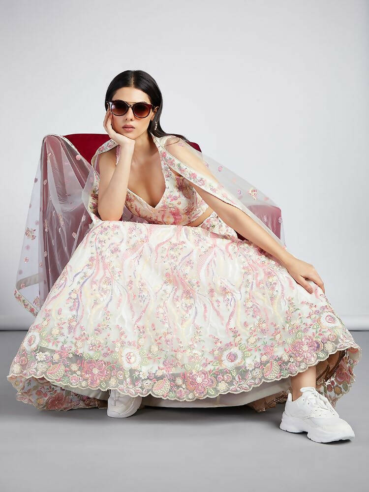 House of Panchhi Cream Net Sequins And Thread Embroidery Lehenga Choli & Dupatta | Swadesiicart