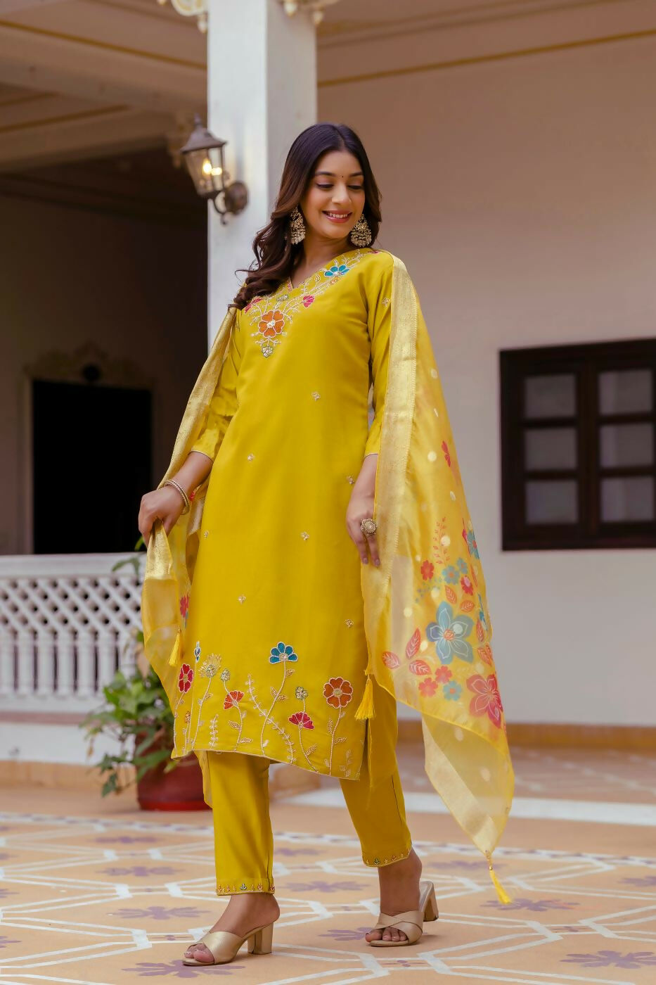 The52 Yellow Women's Gorgeous Embroidered work Viscose Gadhwal Fabric Straight Kurta, Pant and Dupatta Set - Swadesiicart