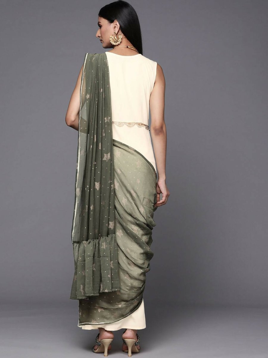 Ahalyaa Off White & Olive Green Ethnic Maxi Dress with Attached Dupatta | Swadesiicart