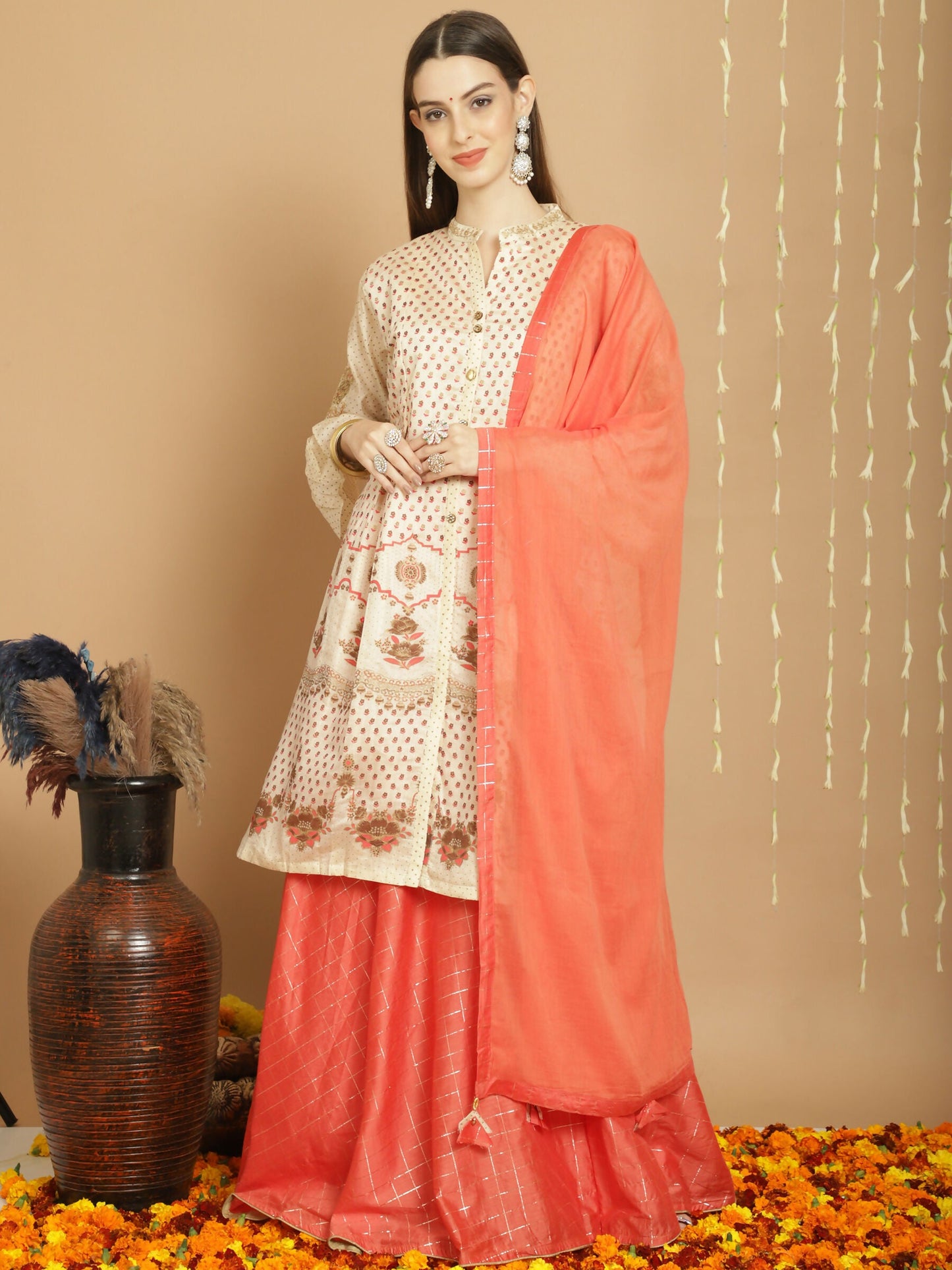 Jyoti Fashion Women's Cream Chanderi Silk Elegant Jardoshi Semi Kurta with Trouser & Dupatta | Swadesiicart