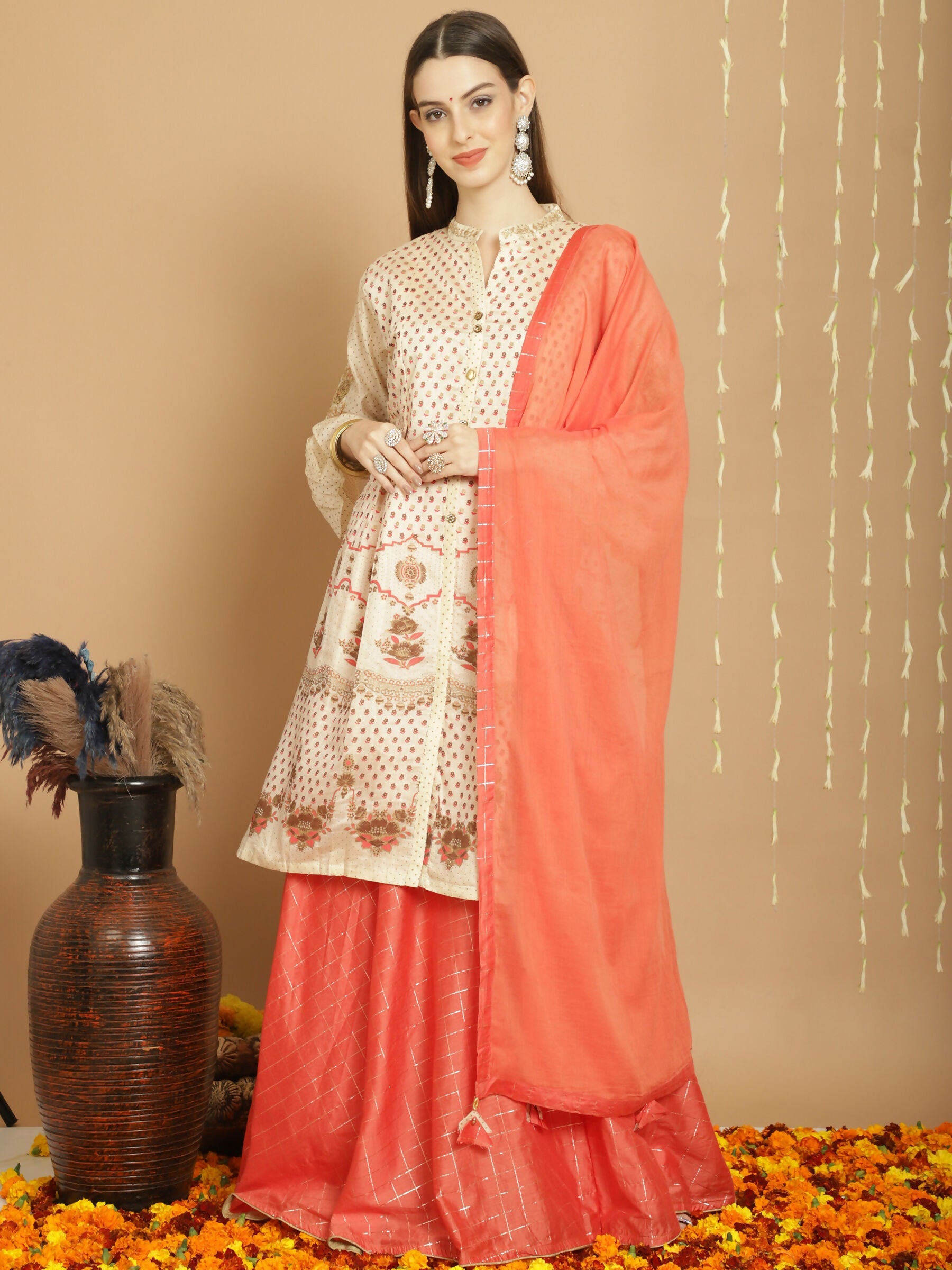 Jyoti Fashion Women's Cream Chanderi Silk Elegant Jardoshi Semi Kurta with Trouser & Dupatta | Swadesiicart