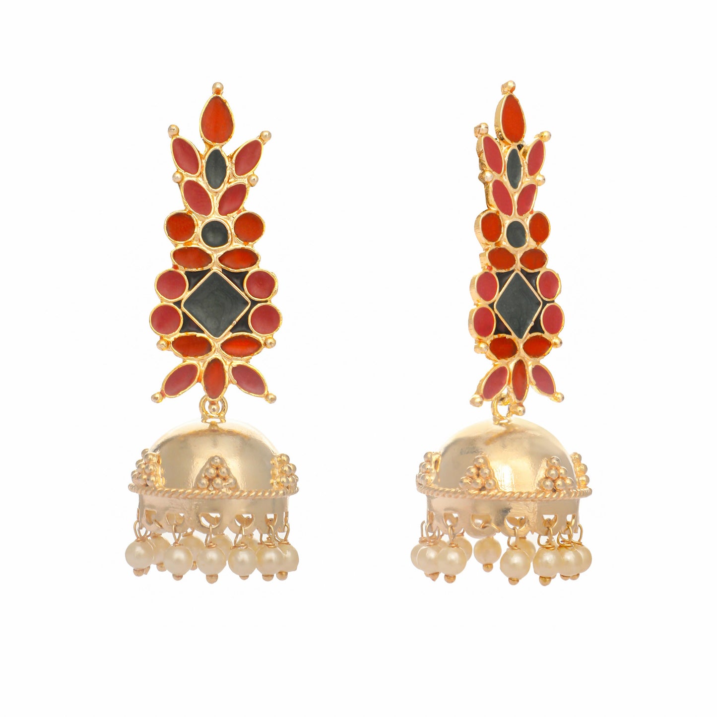 Nuyug 22K Gold-Plated Enamel & Beaded Dome Shaped Jhumka Earrings | Swadesiicart