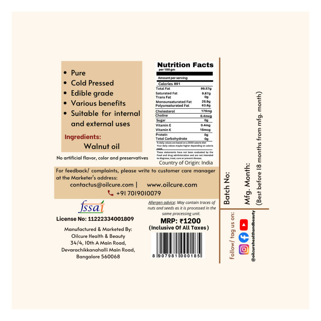 Oilcure Walnut Oil Cold Pressed - Swadesiicart