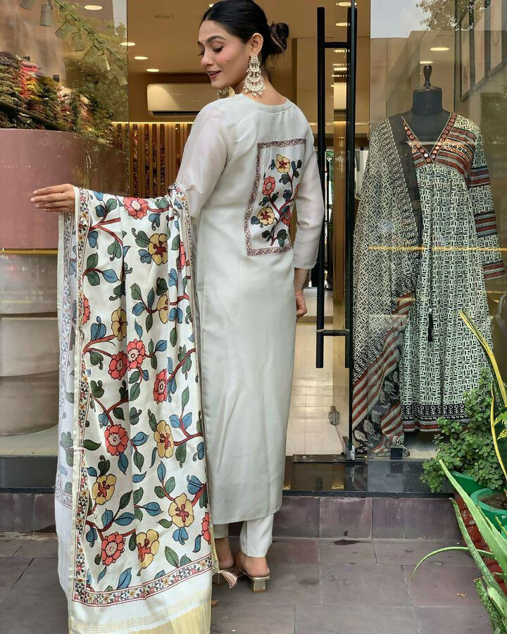 The52 Off White Women's Gorgeous Embroidered Viscose Chanderi Fabric Straight Kurta Pant with Dupatta Set - Swadesiicart