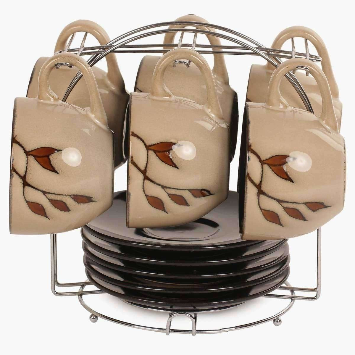 Home Centre Caraway Cup and Saucer- Set of 13 Pcs - 220 ml - Brown - Swadesiicart