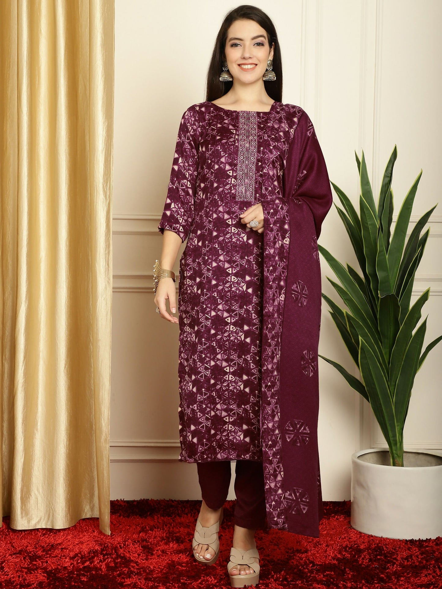 Jyoti Fashion Women's Wine Pashmina Floral Digital Printed Kurta with Trouser & Dupatta | Swadesiicart