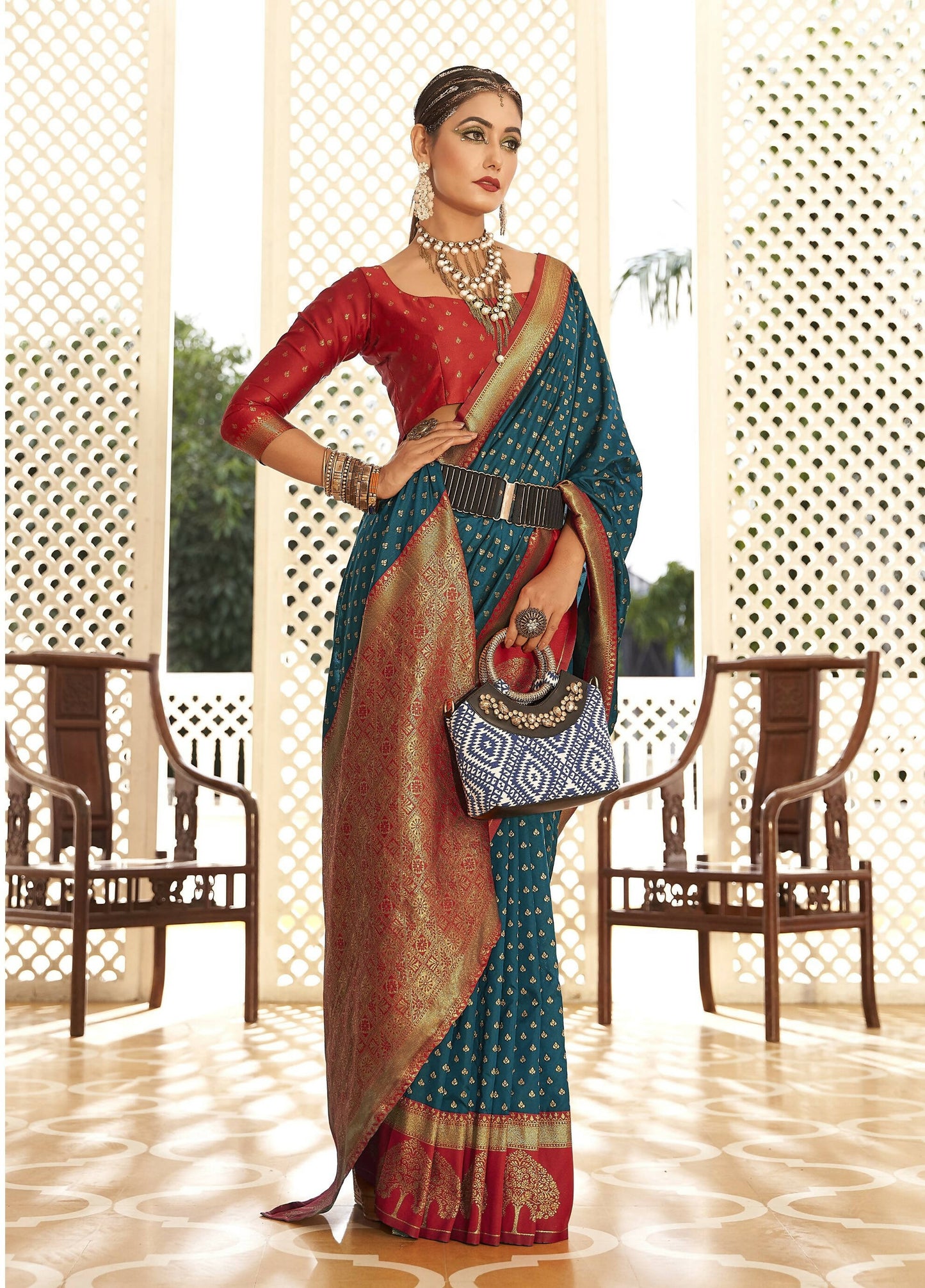 Teal Soft Banarasi Paithani Copper Zari Weaving Saree With Unstitched Blouse Piece - Jodha | Swadesiicart