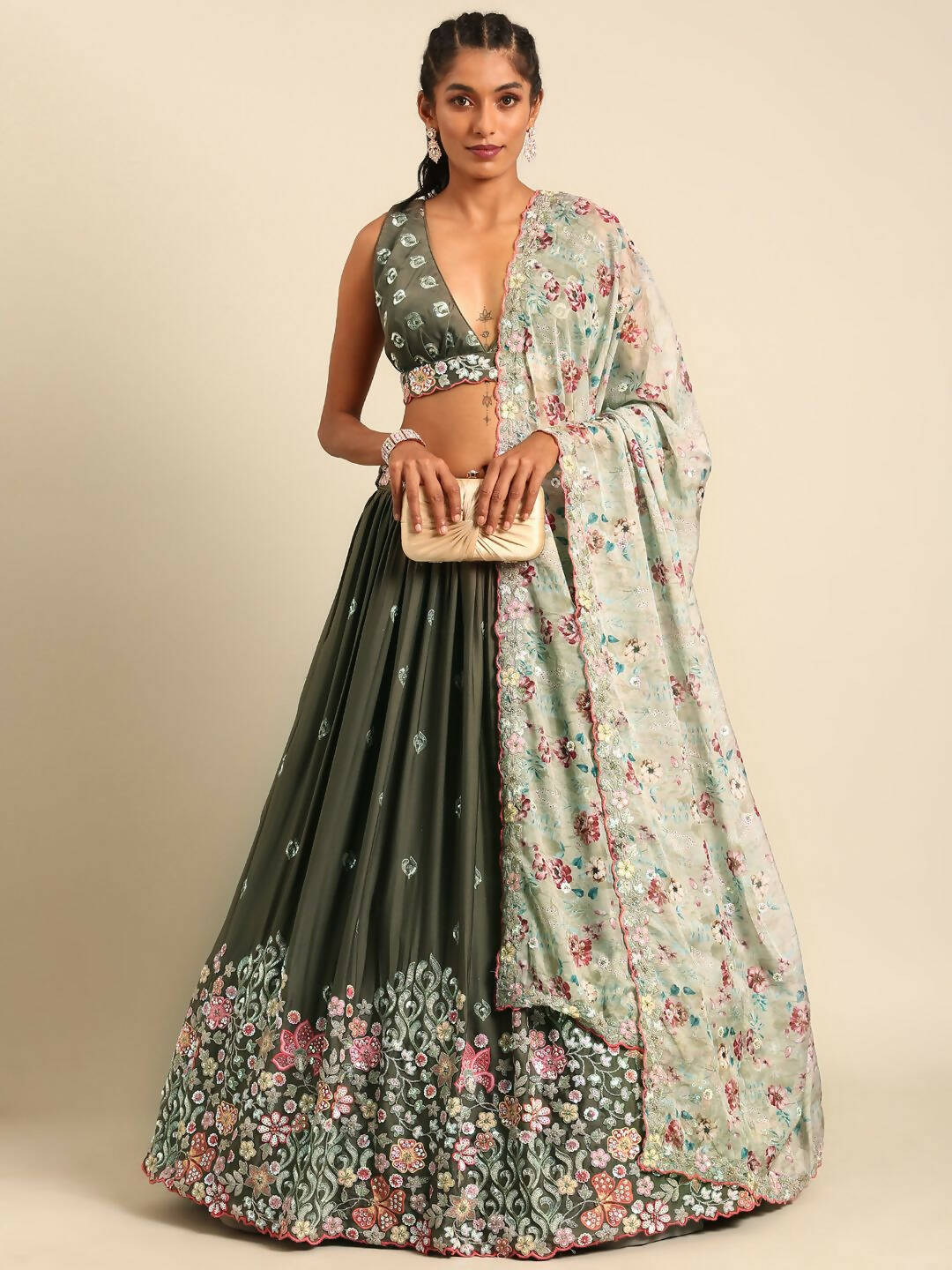 House of Panchhi Olive Chinon Sequins embroidery Lehenga choli & Dupatta | Swadesiicart