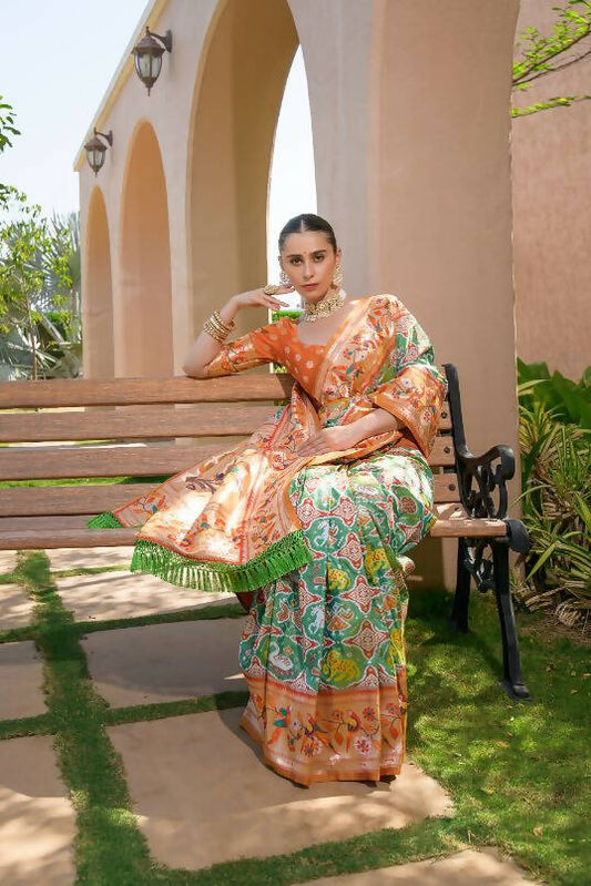 Vishnu Weaves Women's Mahendi Paithani Silk Zari Woven Saree with Unstitched Blouse - Swadesiicart