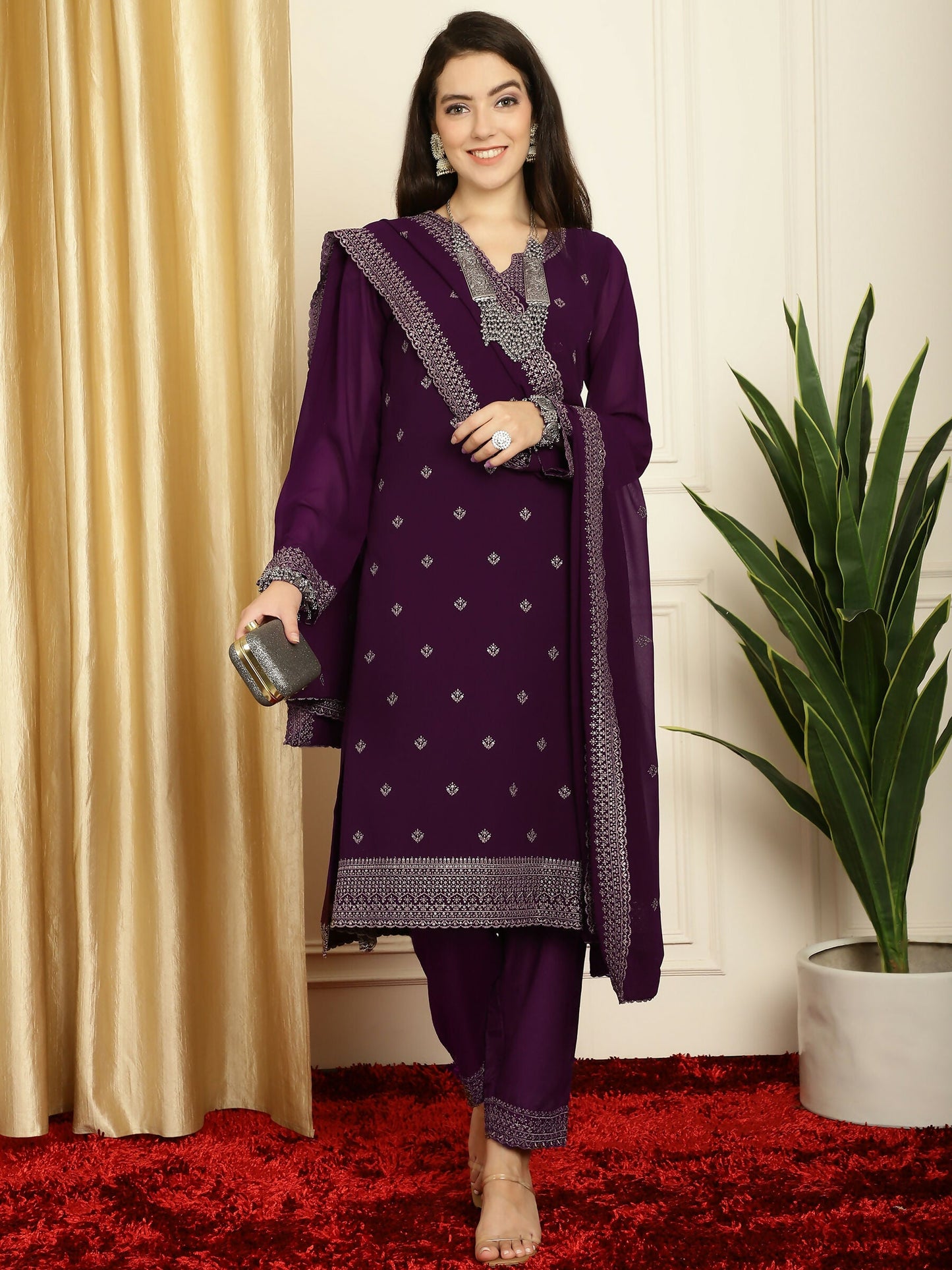 Jyoti Fashion Women's Burgundy Georgette Resham Thread & Sequin Kurta with Trouser & Dupatta | Swadesiicart