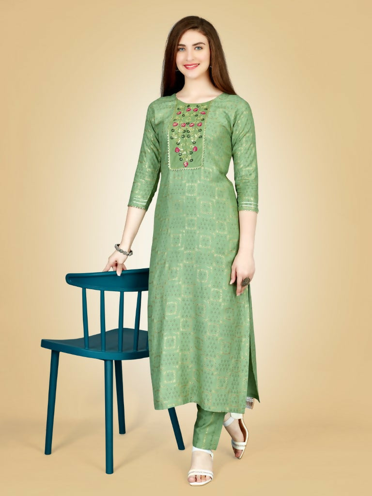 Jyoti Fashion Women's Sea Green Viscose Rayon Embroidered Kurta Pant Set | Swadesiicart