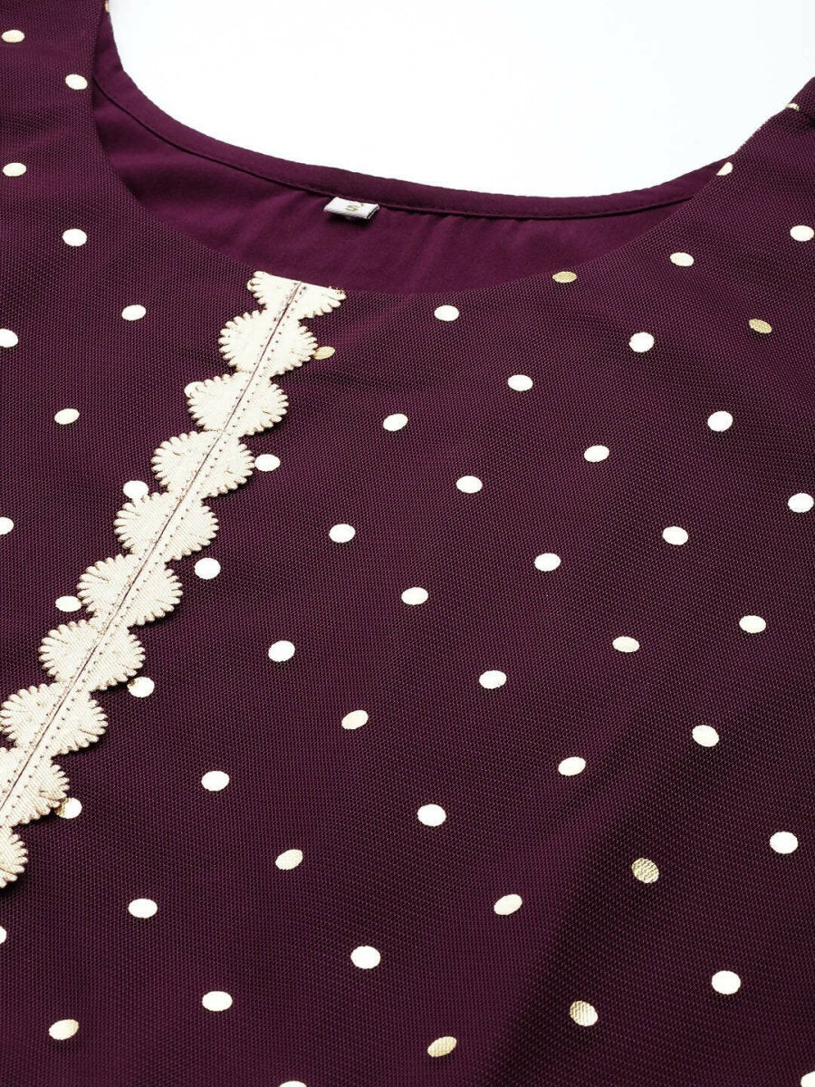 Ahalyaa Women Burgundy Polka Dots Fit & Flare Maxi Ethnic Dress | Swadesiicart