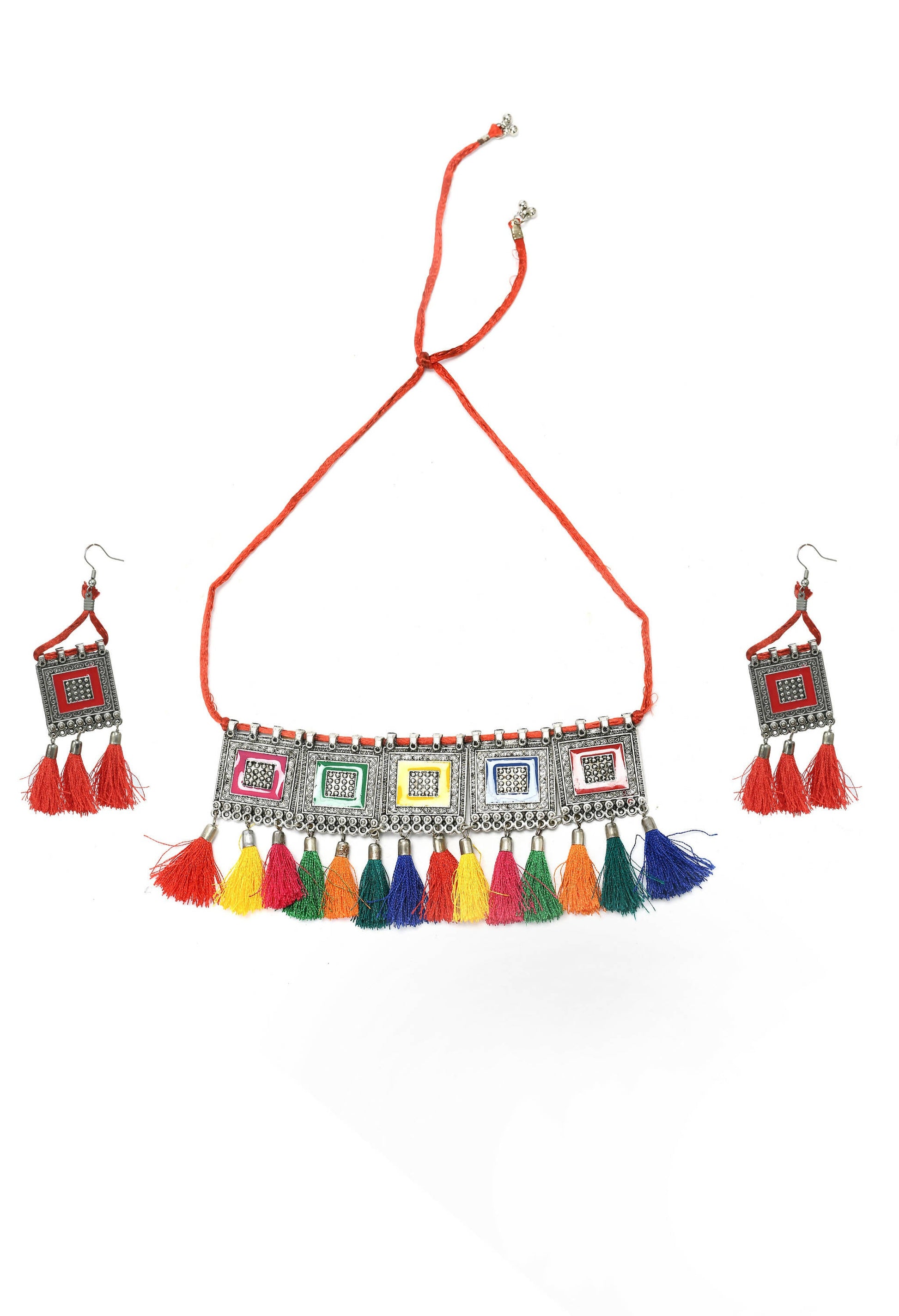 Mominos Fashion Johar Kamal Oxidised Silver-Plated Brass Finish Tassel Work Handicraft Choker For Women (Multi) | Swadesiicart