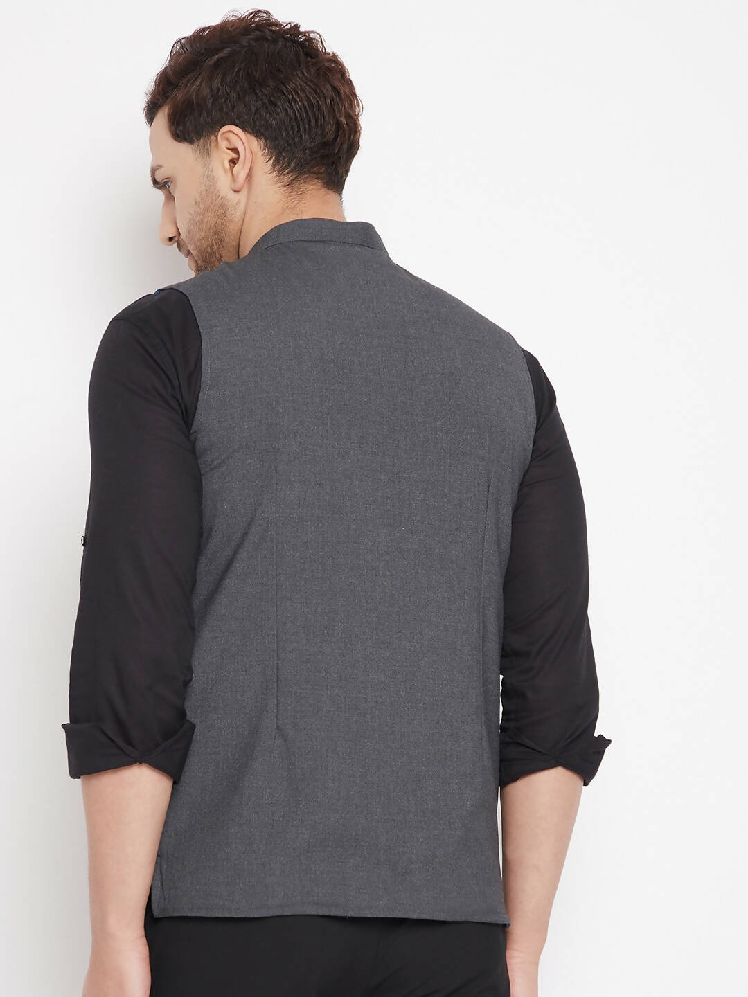 Even Apparels Grey Merino Men's Nehru Jacket-Contrast Lining-Free Pocket Square PW691 | Swadesiicart