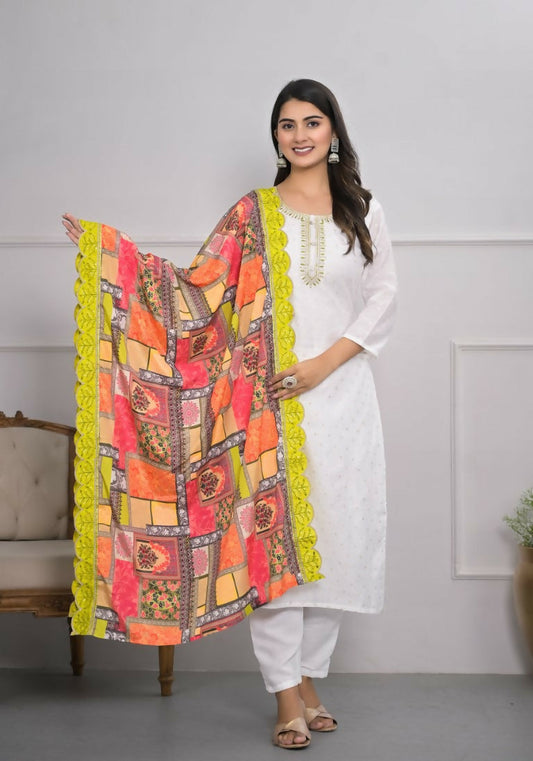 White Viscose Silk Embroidery with Thread and sequence Stitched Suit With Dupatta - Tanisha | Swadesiicart