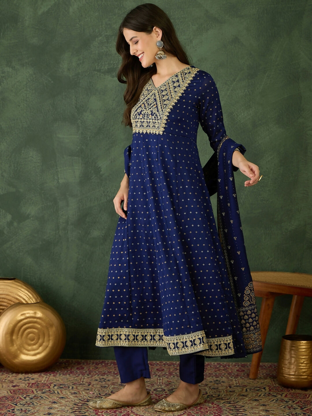 The52 Blue Women's Gorgeous Embroidered Work Vichitra Silk Fabric Flared Kurta Pant and Dupatta Set - Swadesiicart
