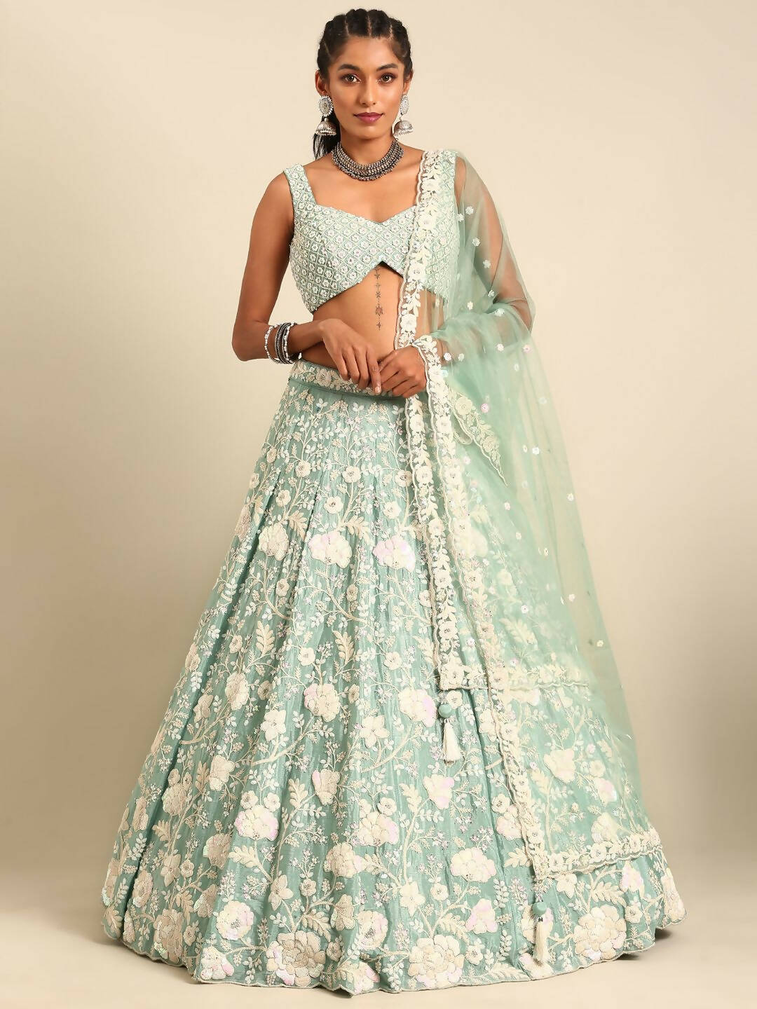House of Panchhi Sea Green Chinon Sequins and Zarkan embroidery Lehenga choli & Dupatta | Swadesiicart