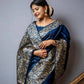 Vishnu Weaves Women's Blue Handloom Raw Silk Woven Border Saree with Unstitched Blouse - Swadesiicart