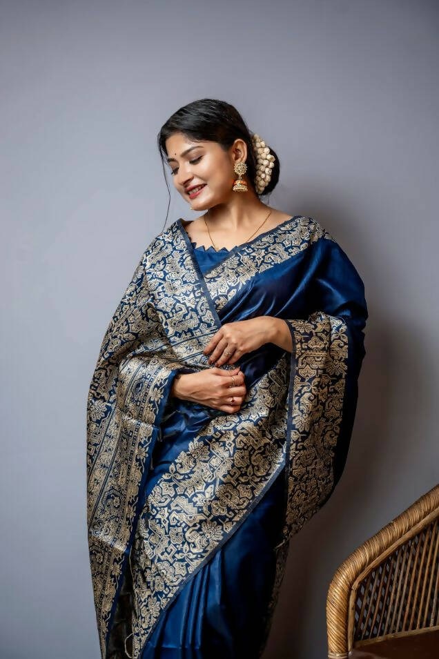 Vishnu Weaves Women's Blue Handloom Raw Silk Woven Border Saree with Unstitched Blouse - Swadesiicart