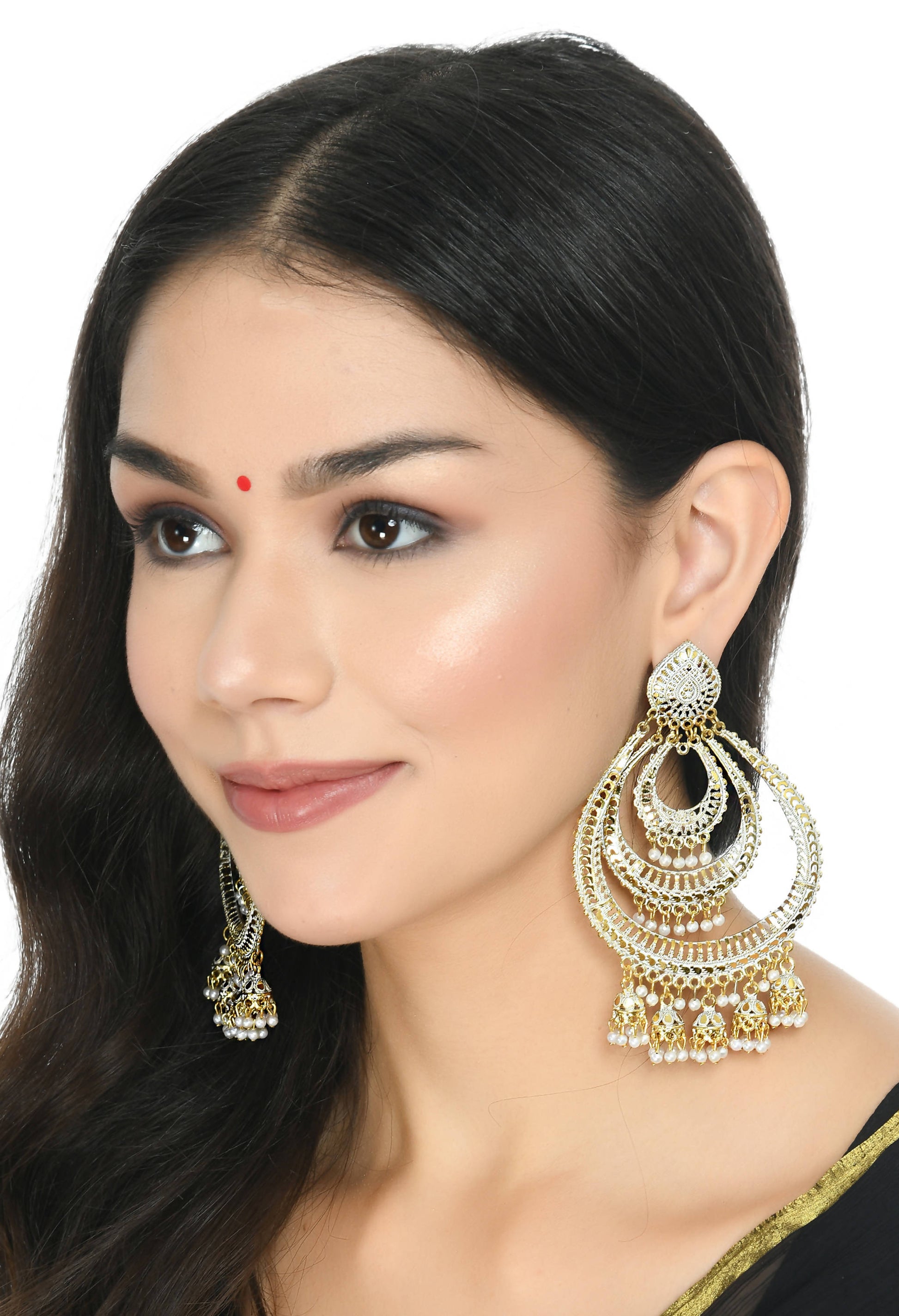 Mominos Fashion Johar Kamal Triple Circle White With Red Golden Big Size Earrings - Mominos Fashion