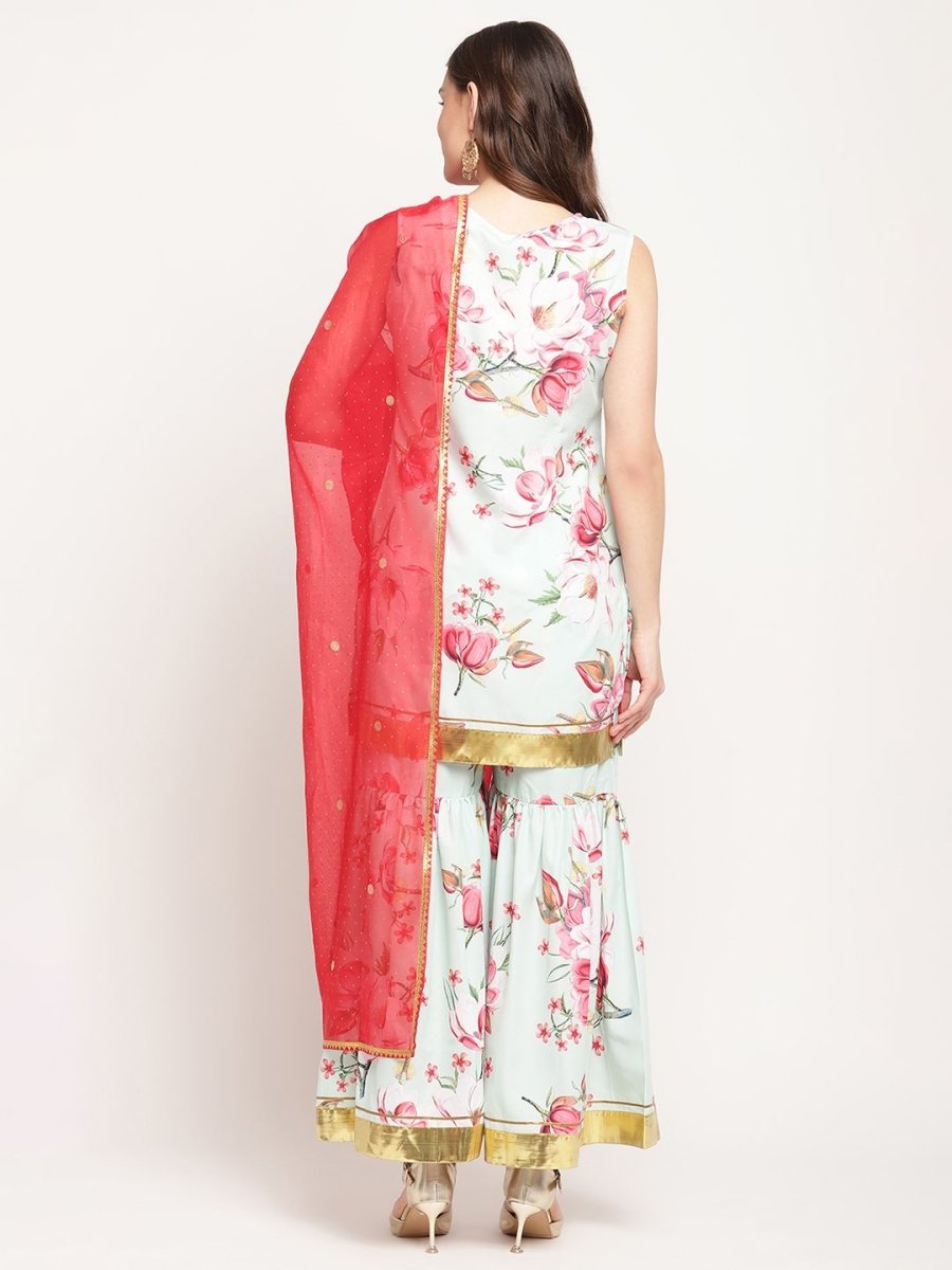Ahalyaa Women's Mint Green Crepe Digital Floral Print Kurta Sharara Set with Dupatta | Swadesiicart
