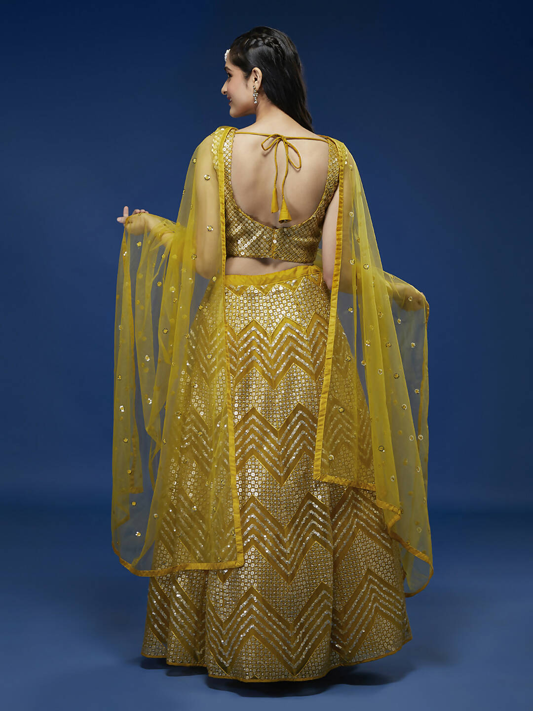 House of Panchhi Mustard Net Sequinse Work Lehenga & Blouse, Dupatta | Swadesiicart
