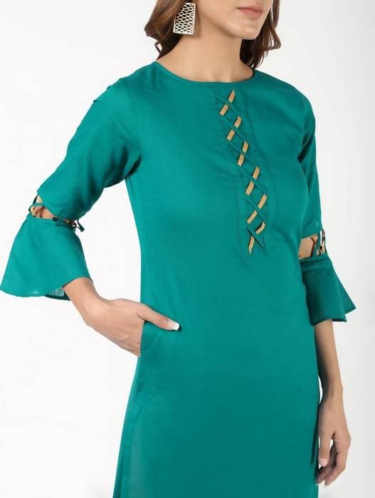 Aniyah Cotton Criss Cross Bell Sleeves Blue Straight Kurta (AN-143K) - Swadesiicart