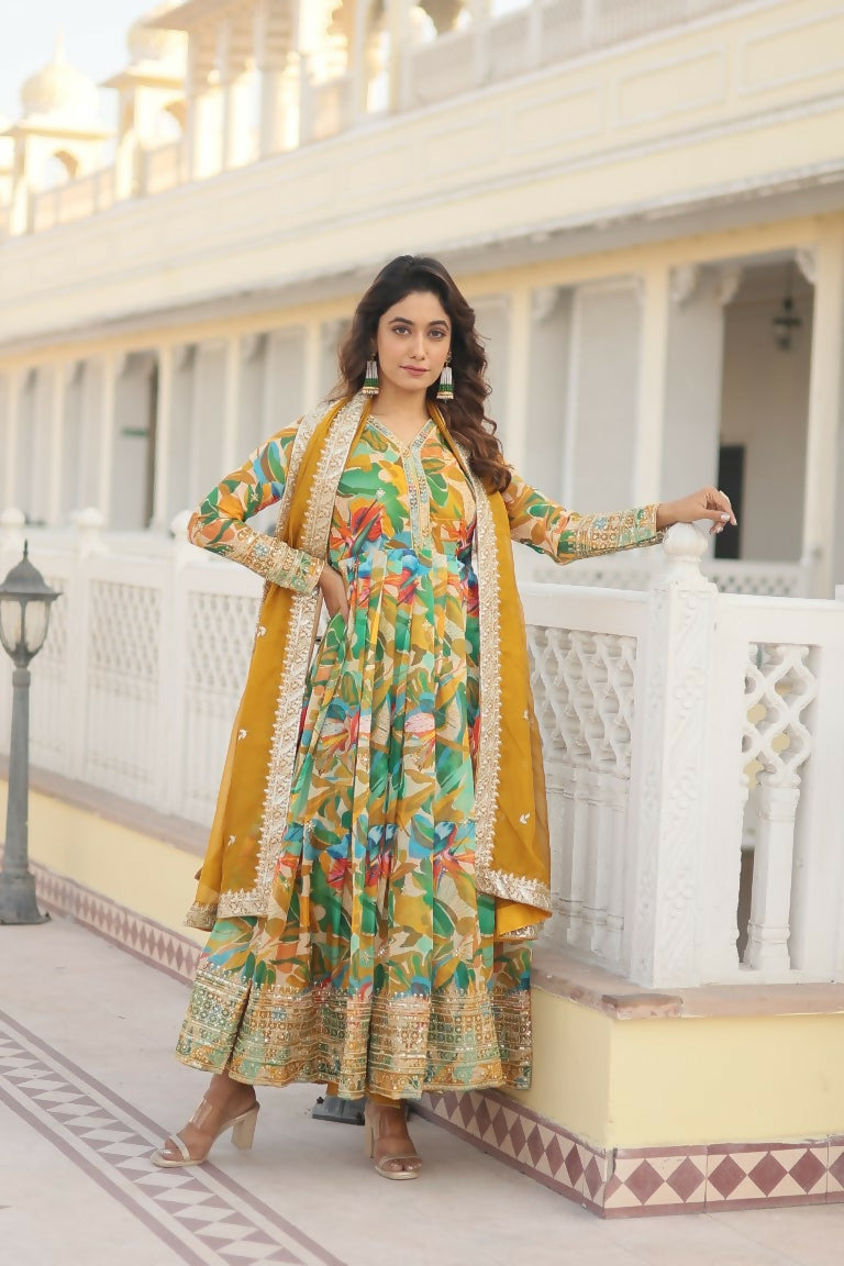 Jyoti Fashion Women's Green Russian Silk Sequins Zari Embroideredy Anarkali Dress with Dupatta | Swadesiicart