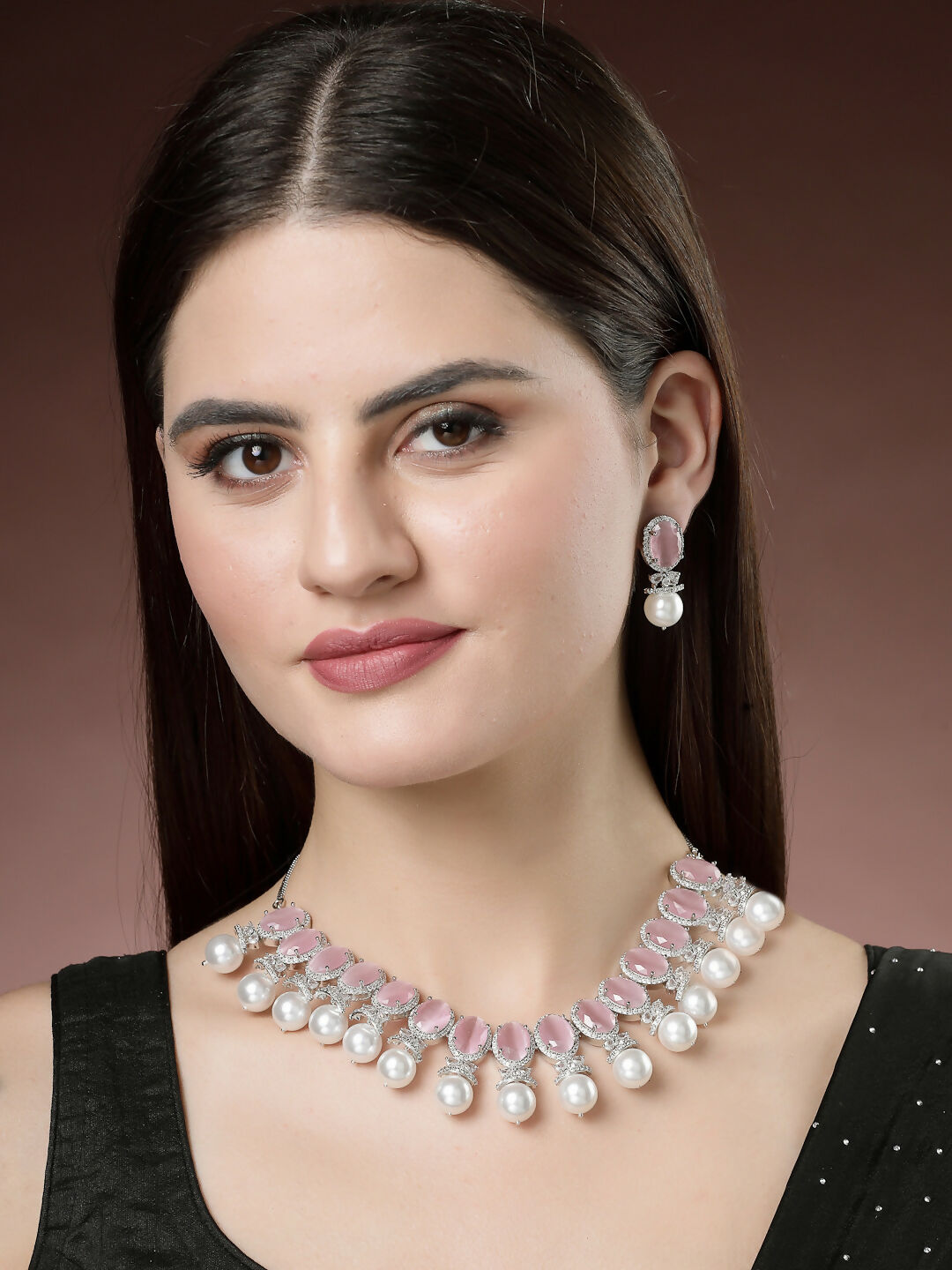 NVR Women's Silver-Plated Pink American Diamond Studded Handcrafted Jewellery Set - Swadesiicart