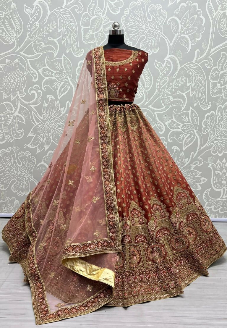 Jyoti Fashion Women's Scarlet Bridal Net Fancy Dori & Sequins Multi Thread Embroidered with Diamond Work Wedding Lehenga Choli | Swadesiicart