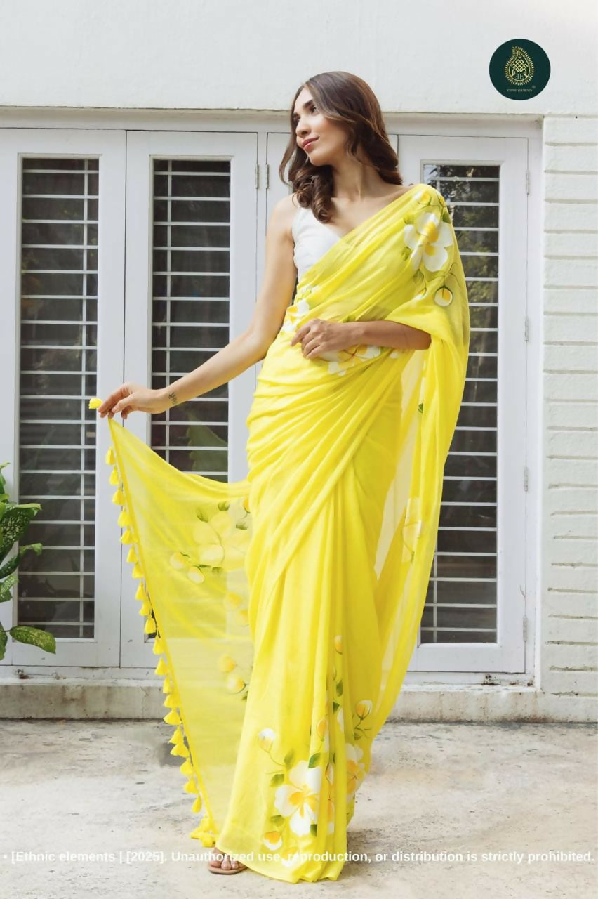 Exclusive Collection Beautiful Yellow Pure Cotton Hand Print Handloom Saree With Running Blouse Piece - Swadesiicart