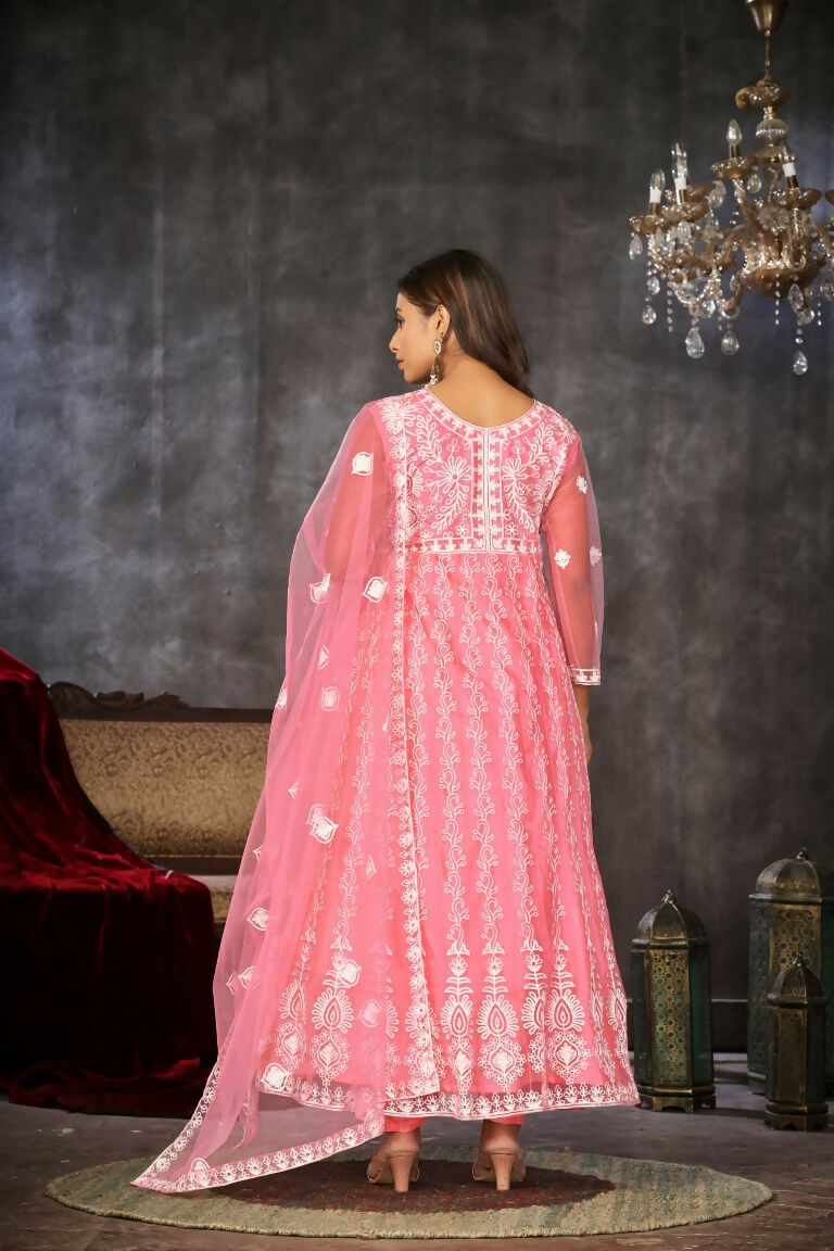 Jyoti Fashion Women's Baby Pink Net Embroidered Anarkali Kurta Pant Set With Dupatta | Swadesiicart