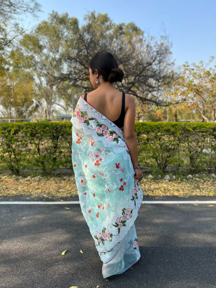Vamsee Kamaljaal Sky Organza Saree - Swadesiicart