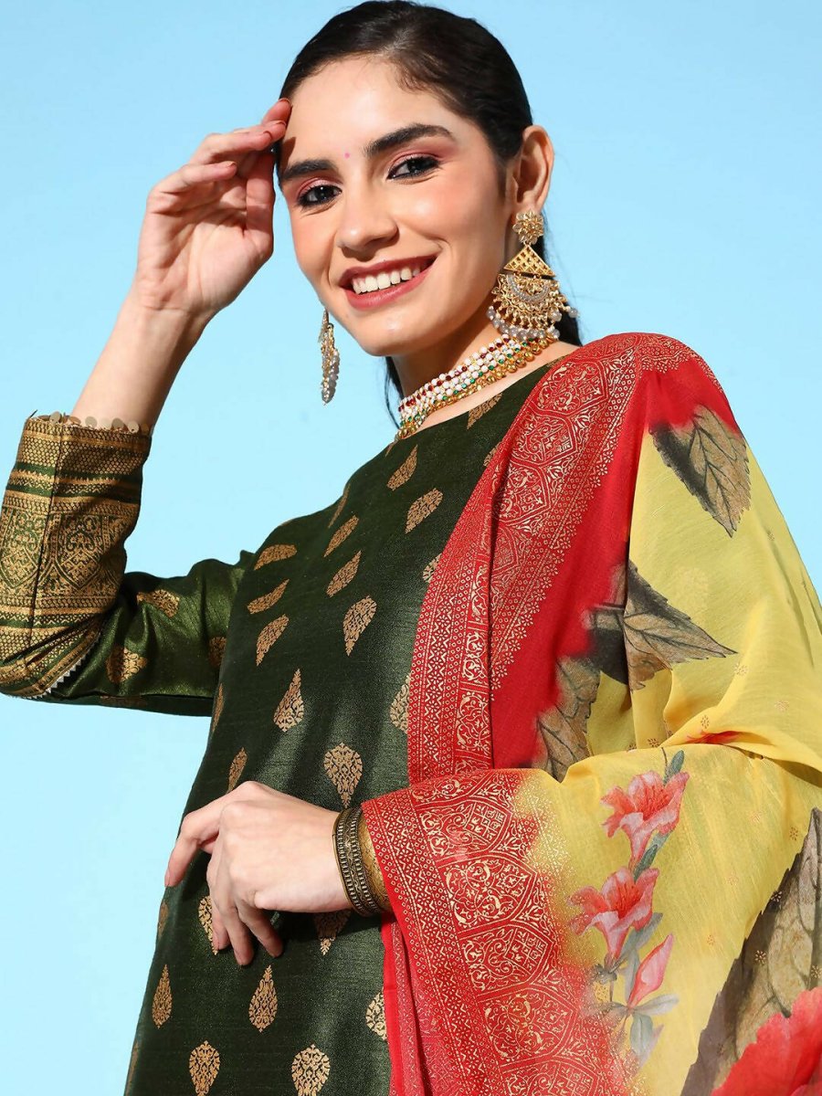 Ahalyaa Women's Olive Colour Poly Silk Gold Printed Kurta Pant Set With Dupatta | Swadesiicart