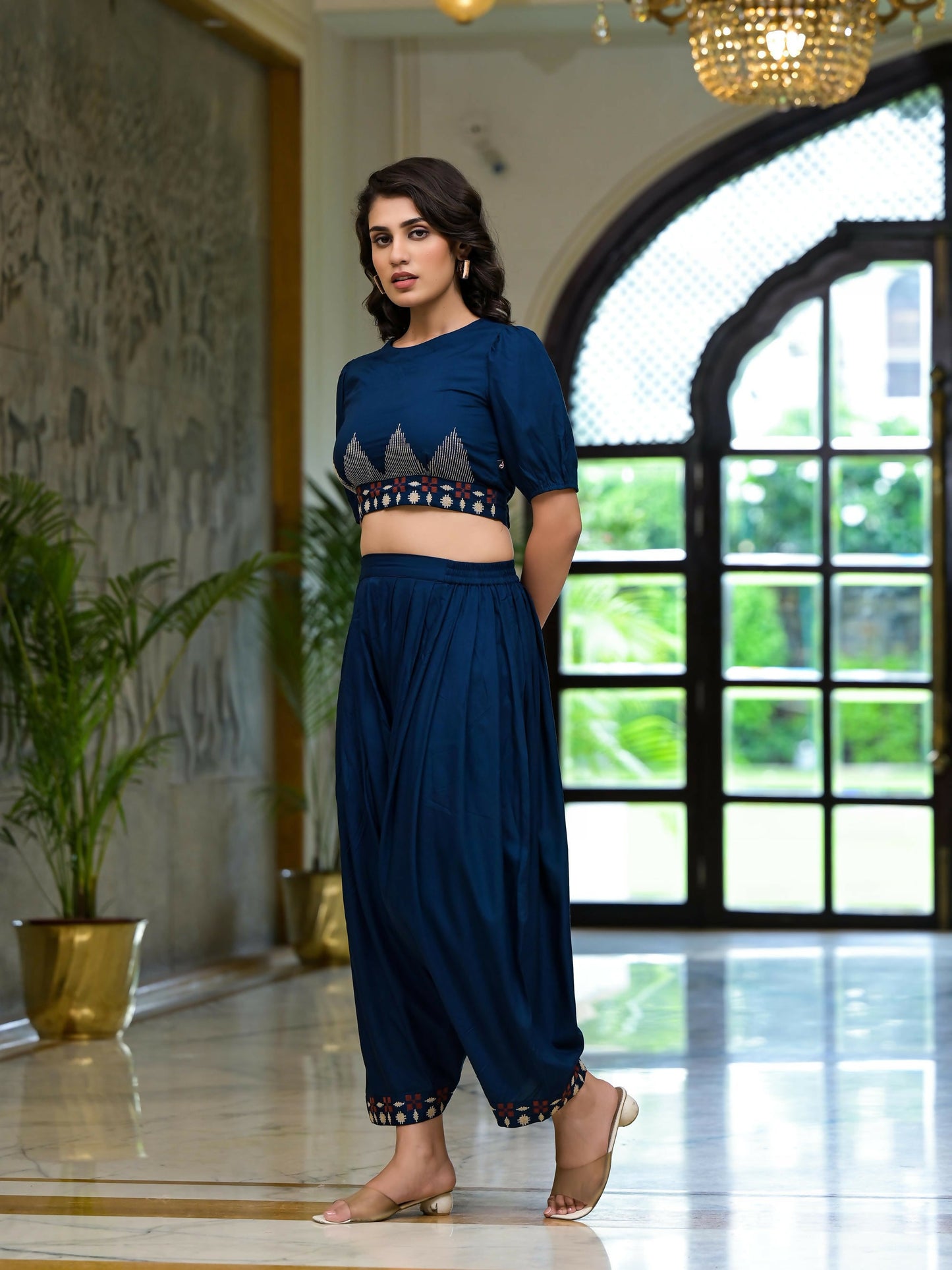 Juniper Women's Navy Thread Embroidered Rayon Top & Dhoti Pant Set - Swadesiicart