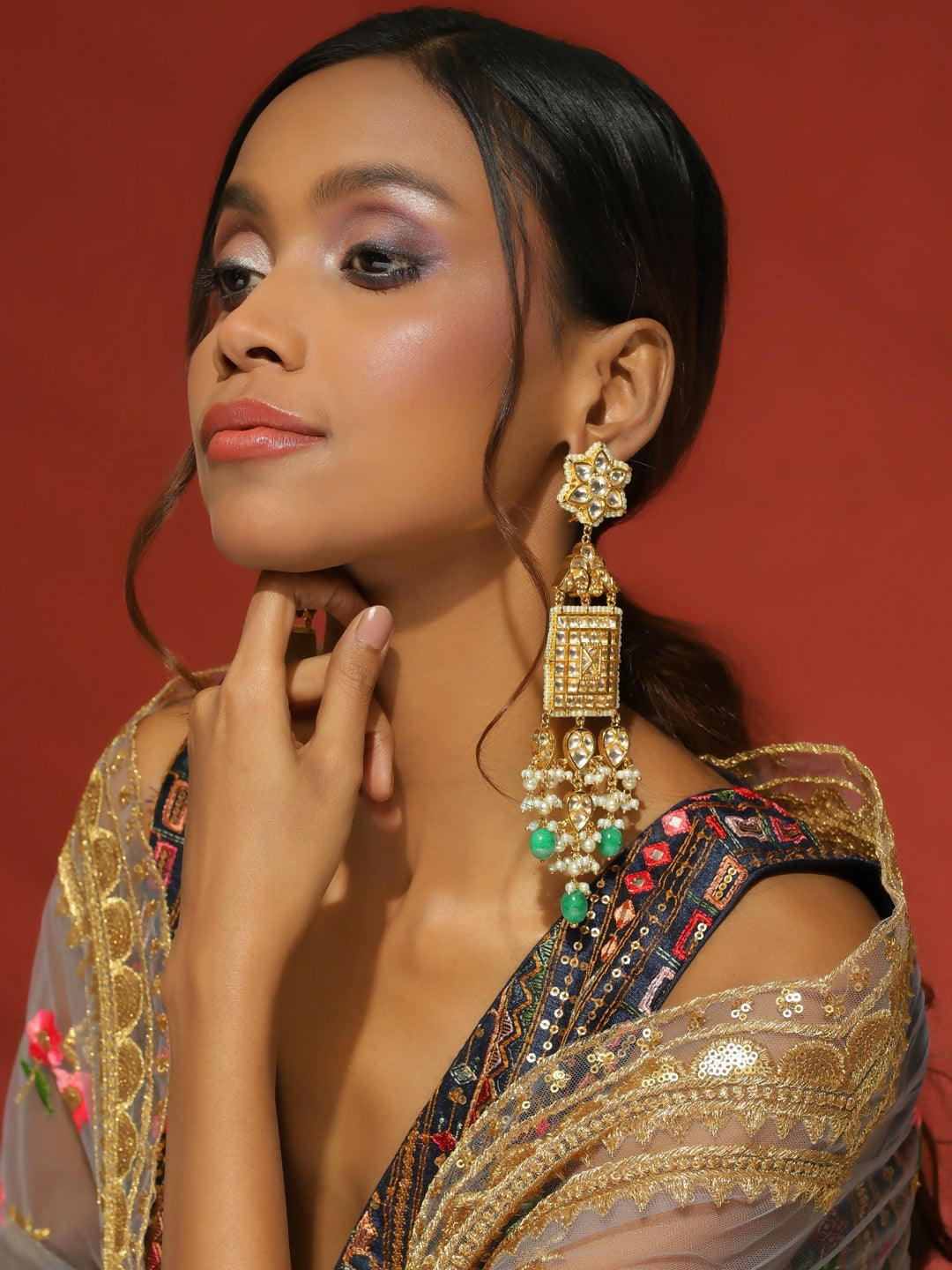 Long Kundan Earrings with Green Stone- Ruby Raang | Swadesiicart