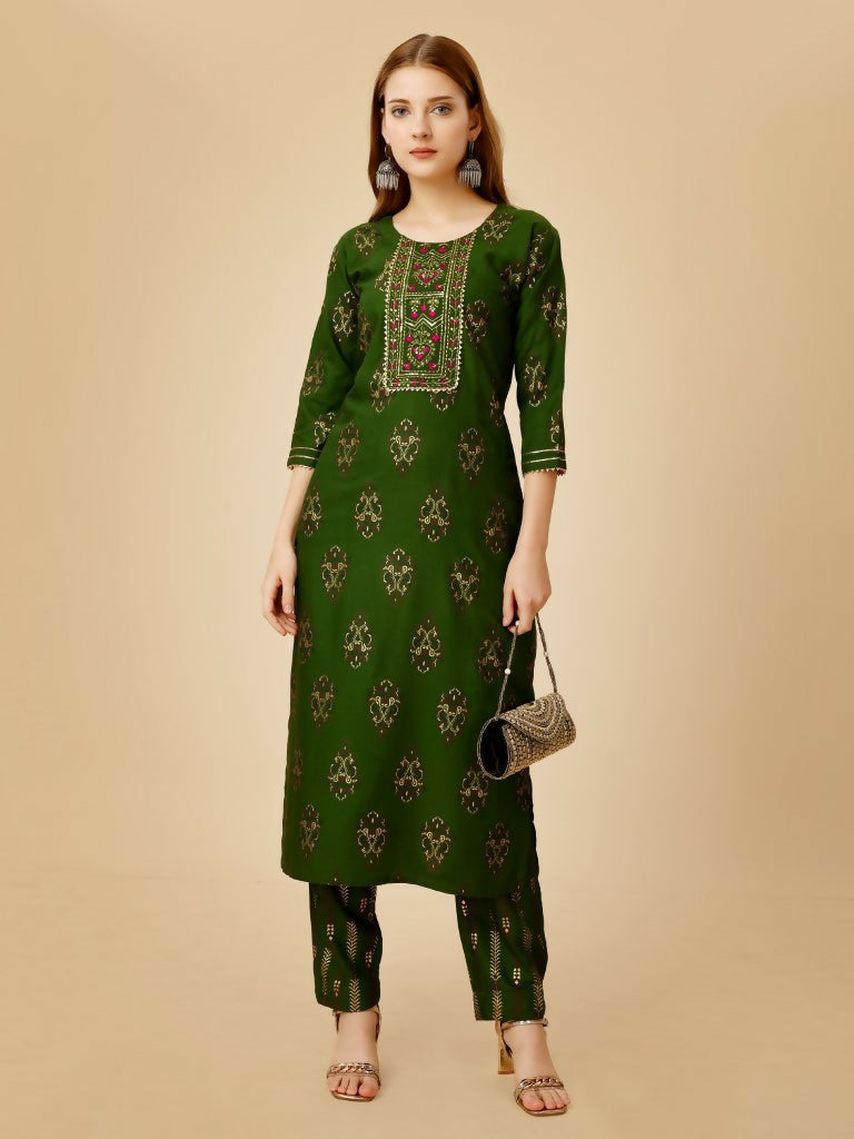 Jyoti Fashion Women's Green Viscose Rayon Embroidered Kurta Pant Set | Swadesiicart