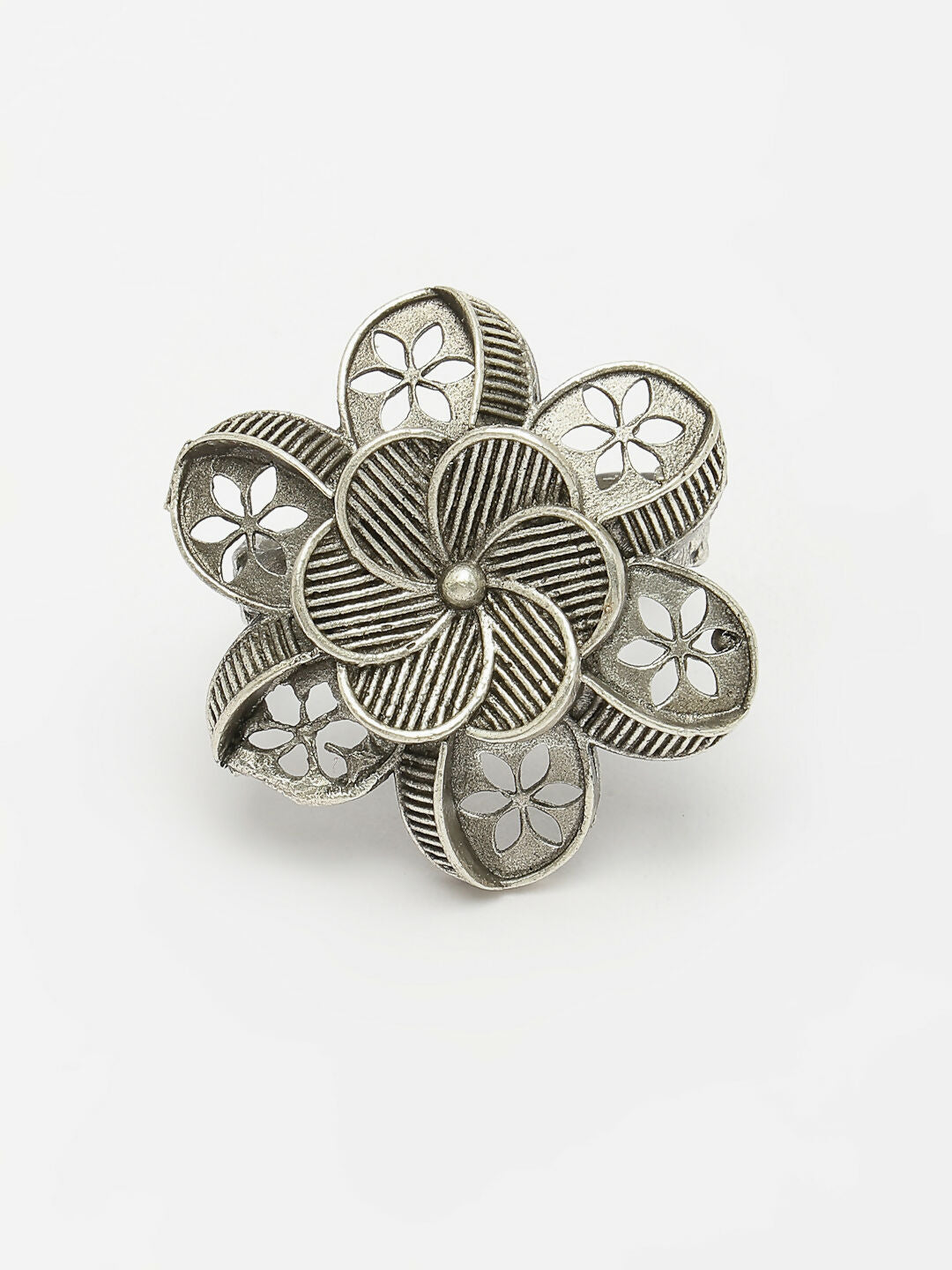 NVR Women's Silver-Toned Floral Shape Adjustable Finger Ring | Swadesiicart