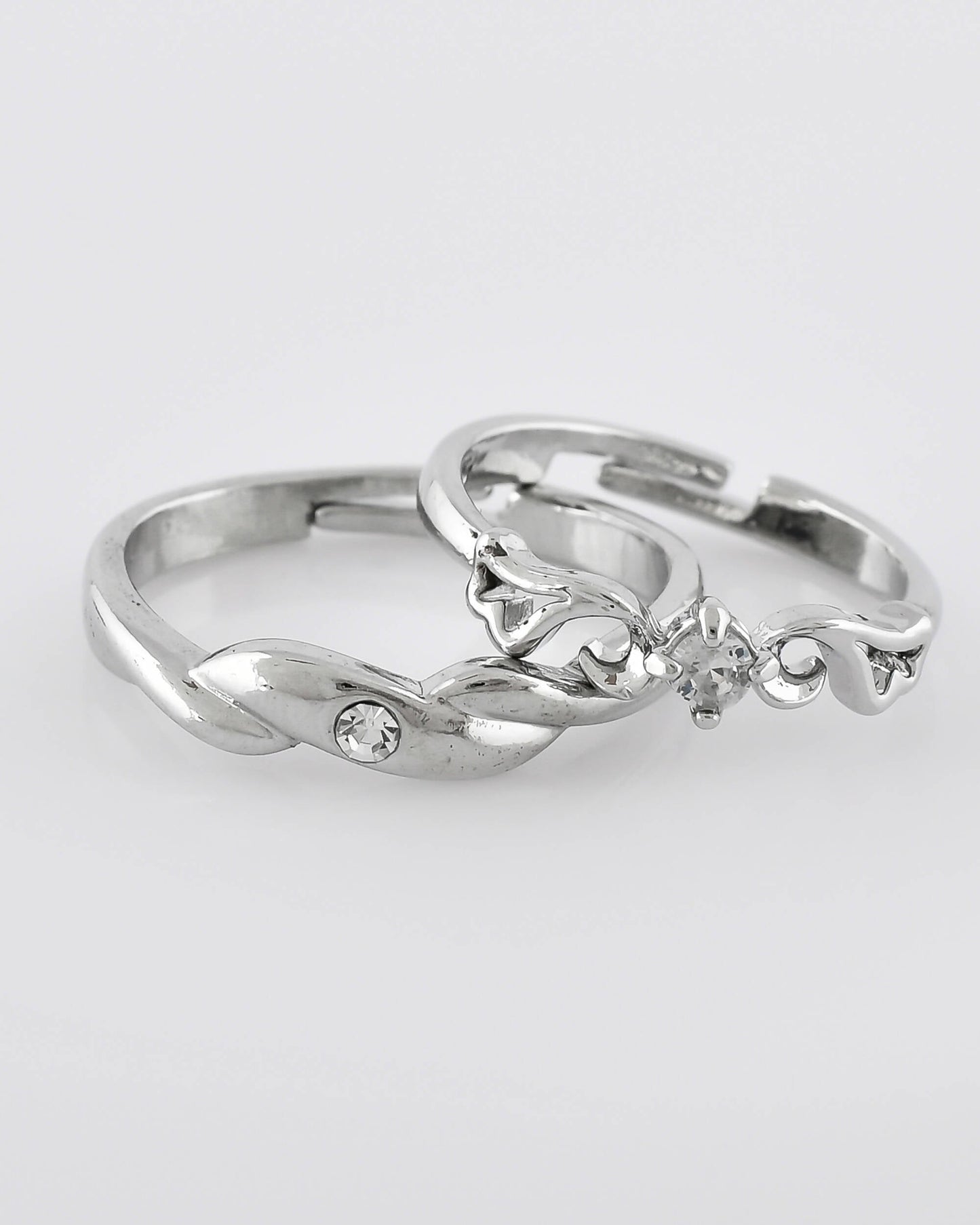 VOJ Stainless Steel Cubic Zirconia Silver Plated Adjustable Ring Set for Couple | Swadesiicart