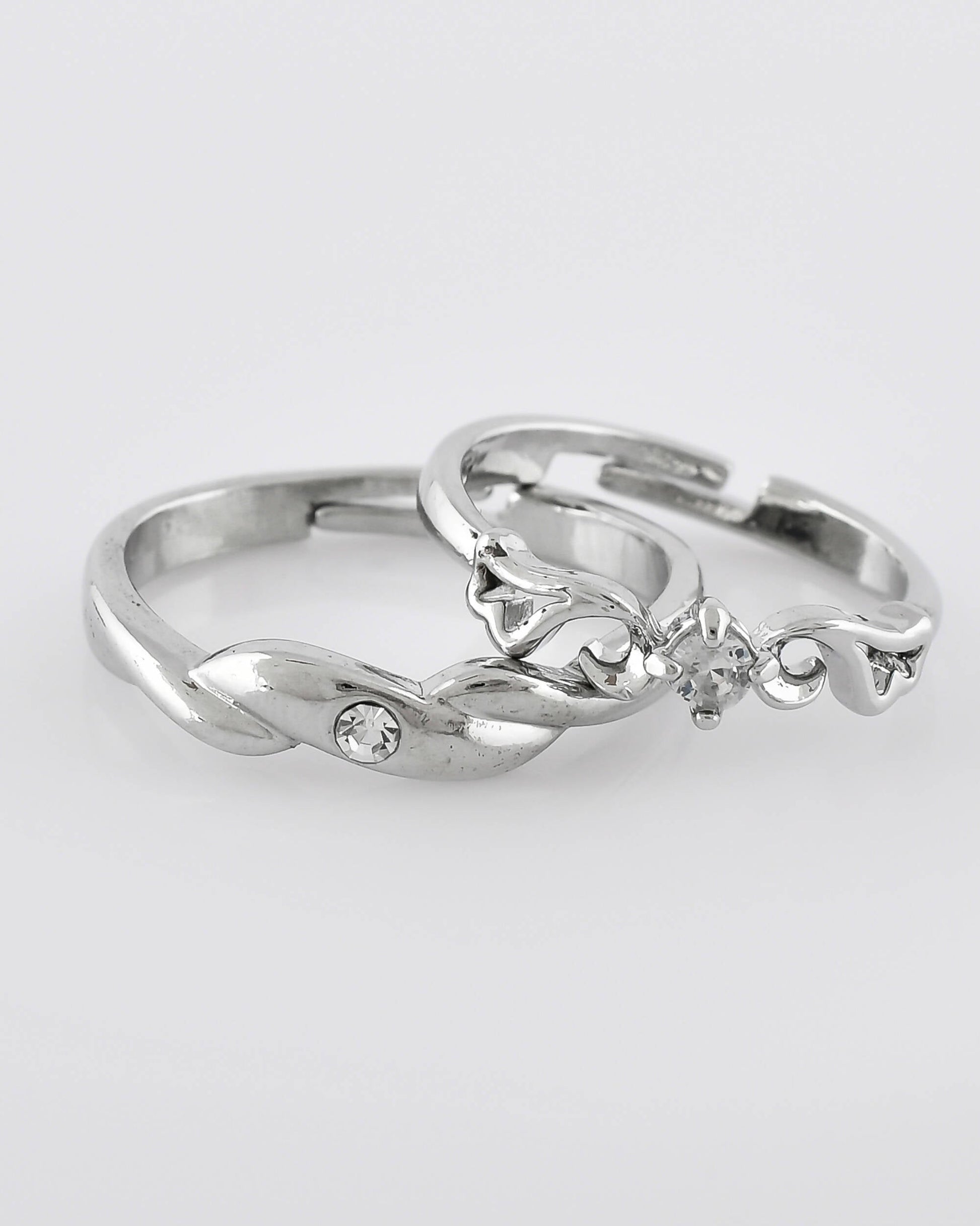 VOJ Stainless Steel Cubic Zirconia Silver Plated Adjustable Ring Set for Couple | Swadesiicart