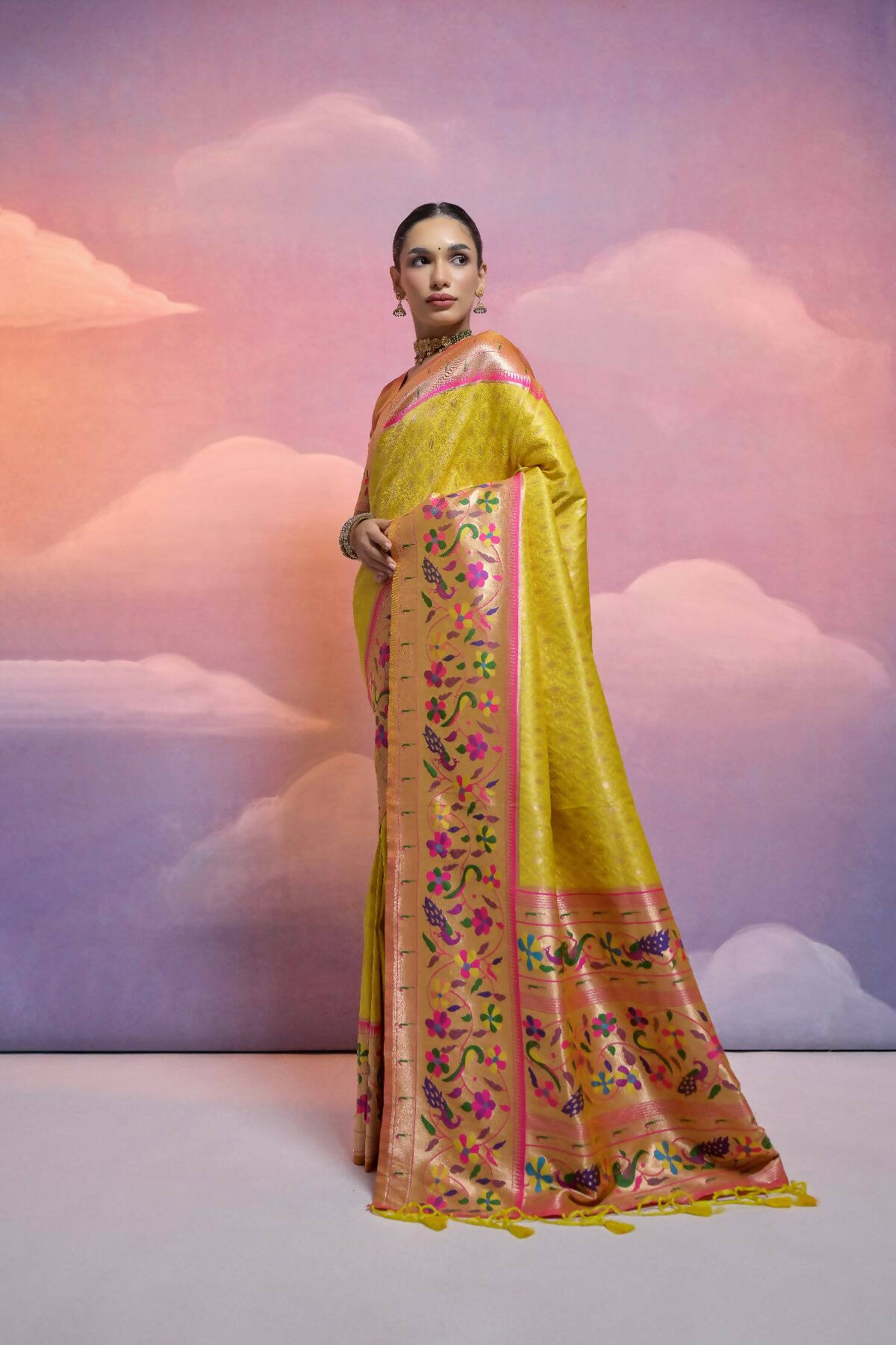 Vishnu Weaves Women's Yellow Paithani Silk Zari Woven Saree with Blouse - Swadesiicart