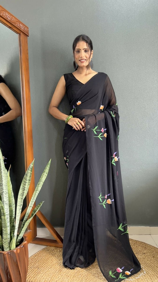 Aayaa Designer 1 min Hand Painted Ready to Wear saree - Black | Swadesiicart