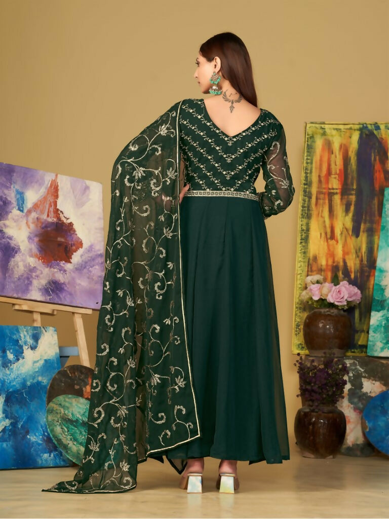 Jyoti Fashion Women's Bottle Green Georgette Embroidered Anarkali Kurta Pant Set With Dupatta | Swadesiicart