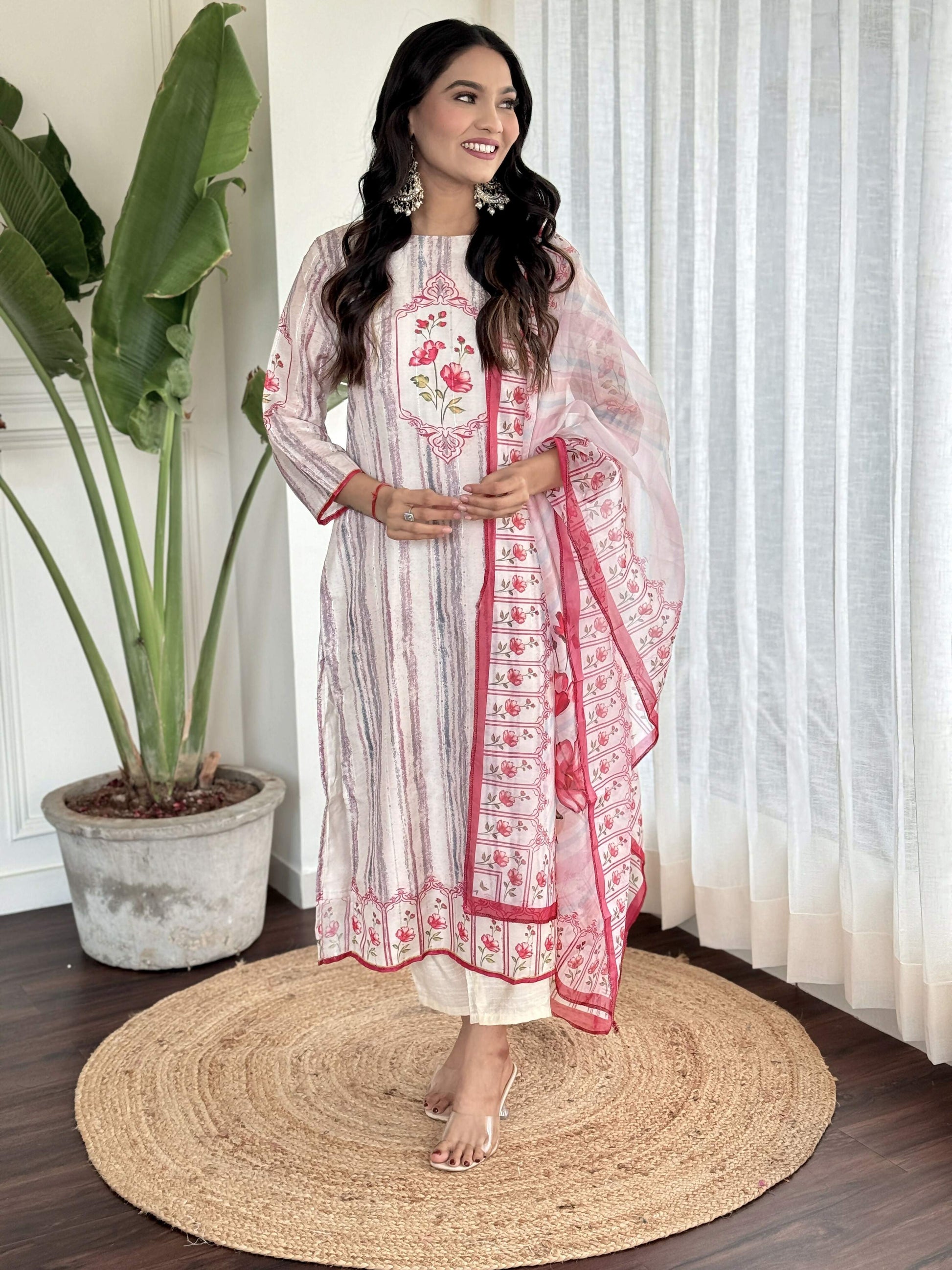 White Multi Viscose Chanderi Stitched Suit With Dupatta - Tanisha | Swadesiicart