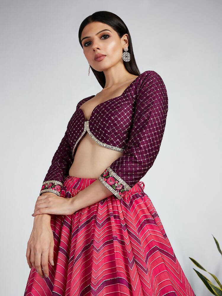 House of Panchhi Rose Organza Siroski Stone Work Leheriya Print Lehenga Choli & Dupatta | Swadesiicart