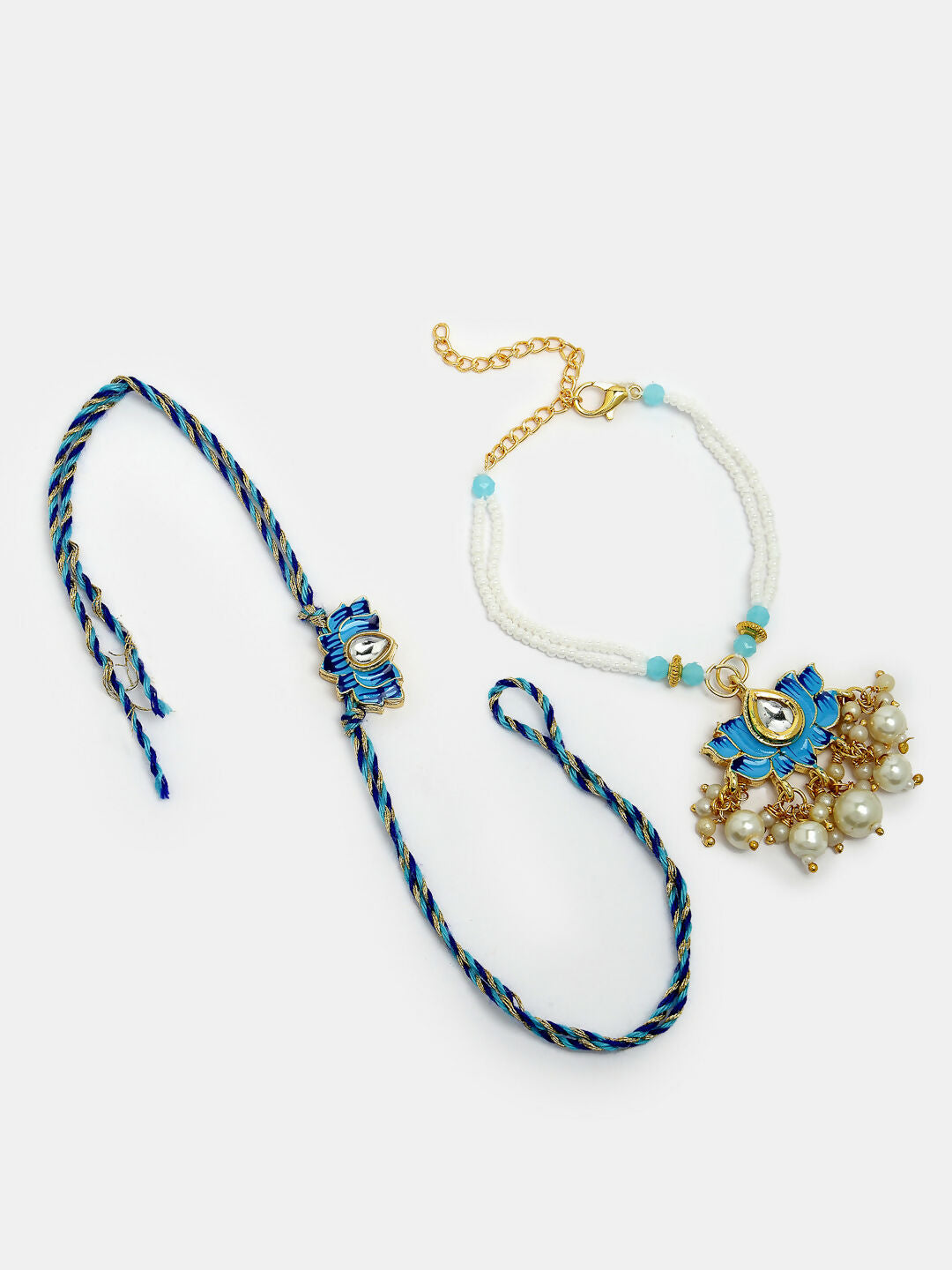 NVR Women & Men Set of 2 Blue Lotus Shape Kundan-Studded & Beaded Handcrafted Wraparound Rakhi Set With Roli Chawal | Swadesiicart