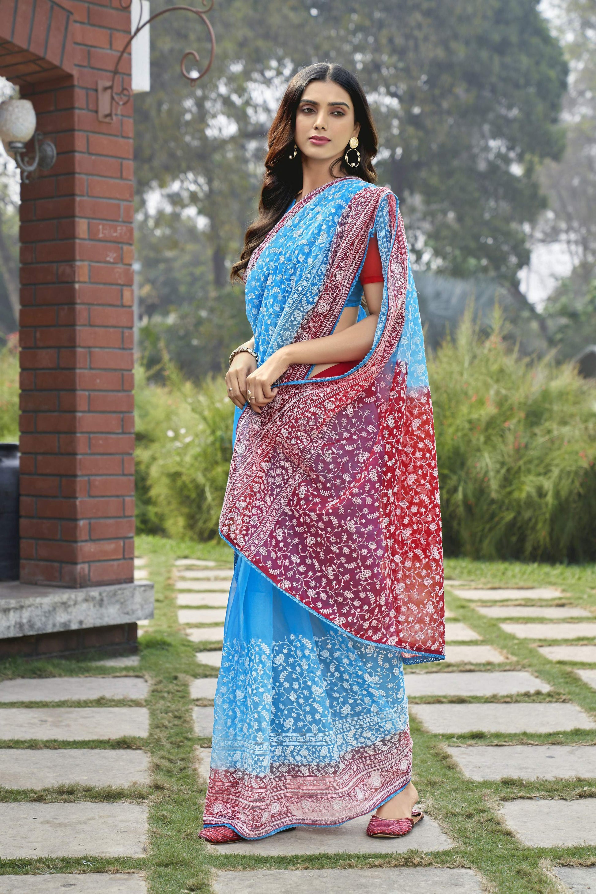 Vamsee Srivani Chikankari Sky Organza Silk Saree - Swadesiicart