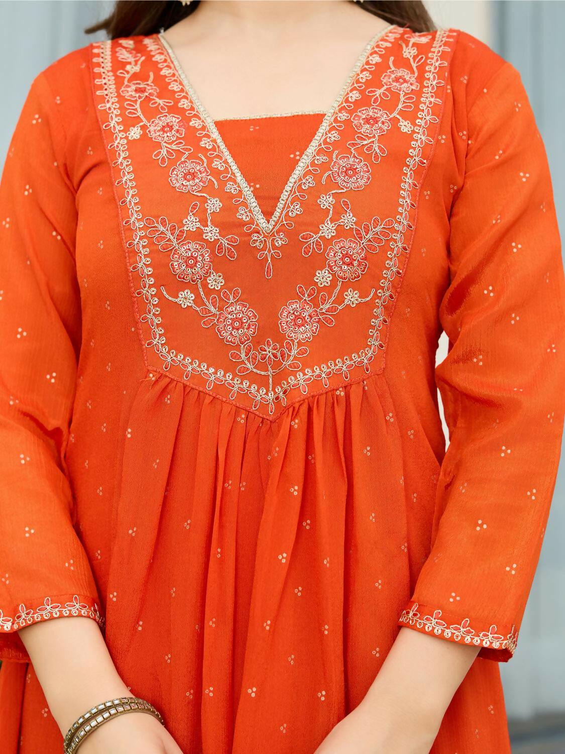 The52 Orange Women's Gorgeous Embroidered Chinon Fabric Flared Kurta Pant and Dupatta Set - Swadesiicart
